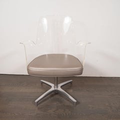 Mid-Century Modern Lucite, Metallic Leather and Chrome X- Form Side Chair