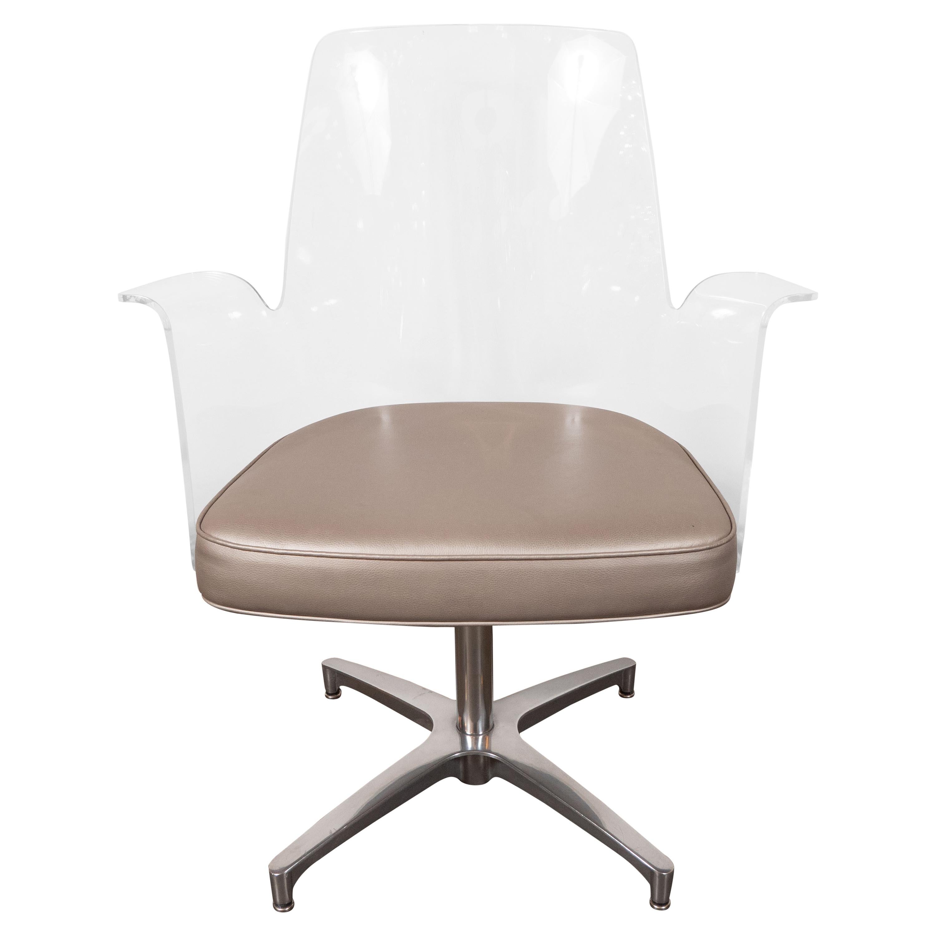 Mid-Century Modern Lucite, Metallic Leather and Chrome X- Form Side Chair