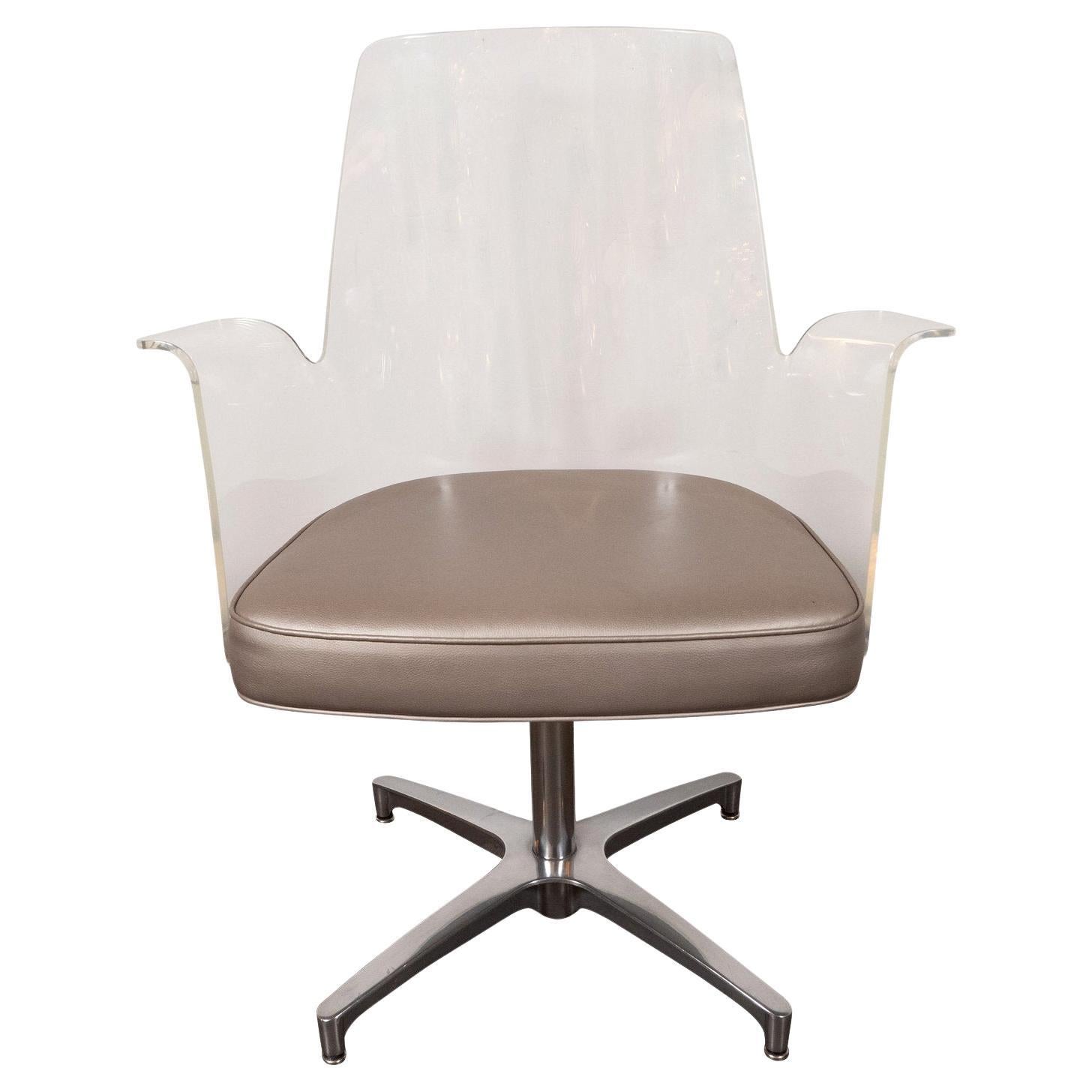 Mid-Century Modern Lucite, Metallic Leather and Chrome X- Form Side Chair