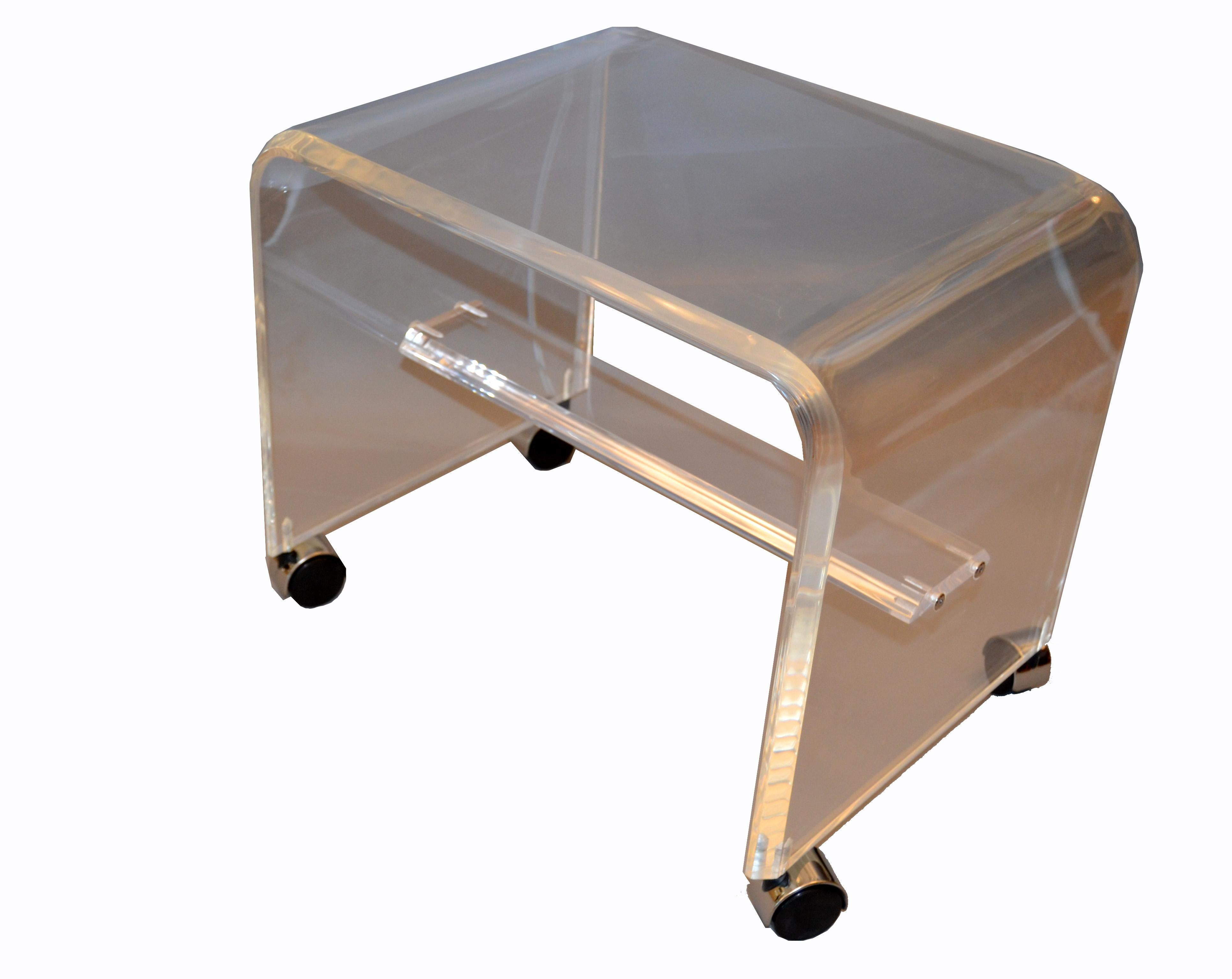 American Mid-Century Modern Lucite or Acrylic Stool, Vanity Stool on Chrome Casters
