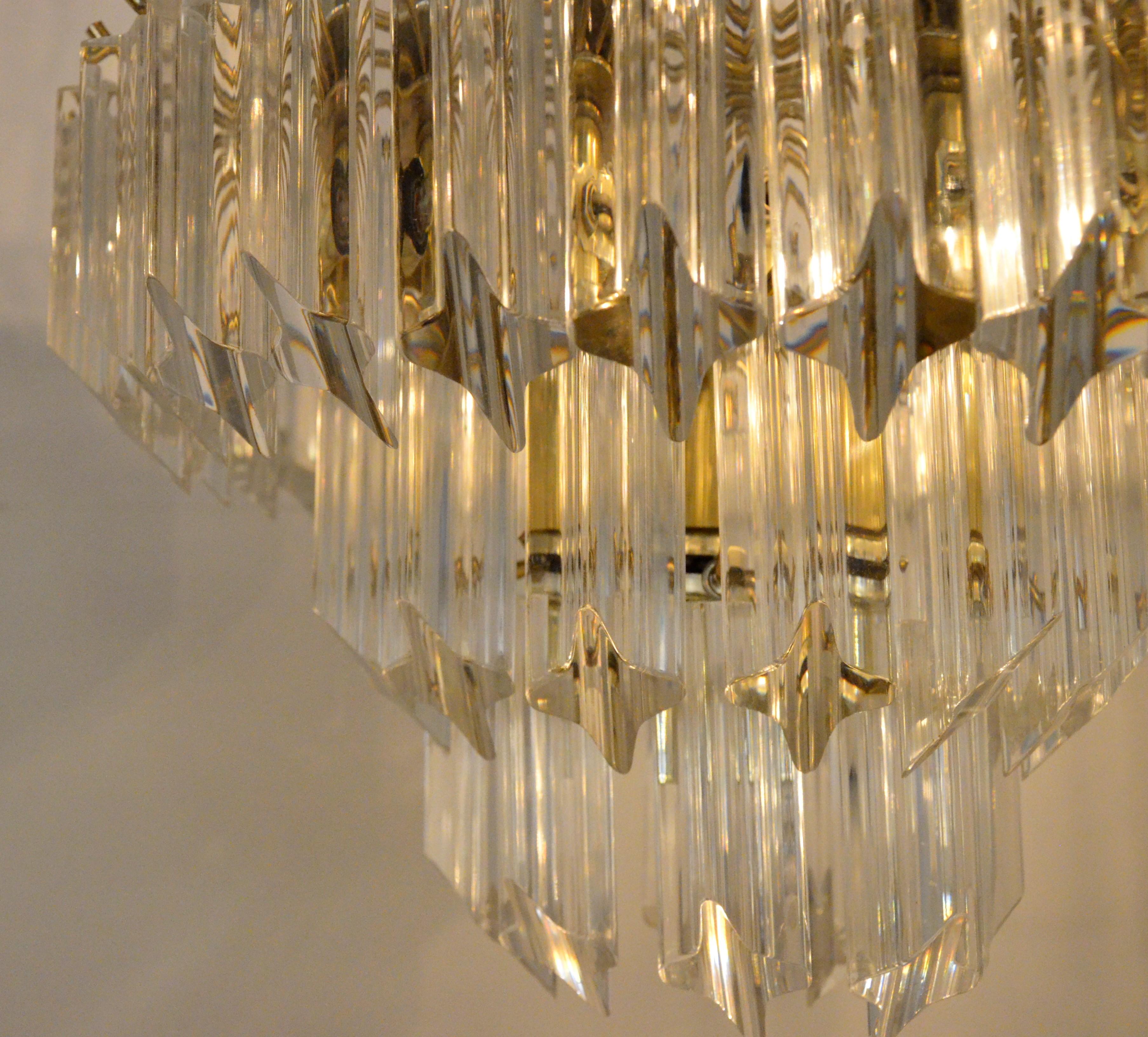 Lucite Hanging Triad Prisms with Brass Frame Venini Style Flushmount Chandelier For Sale 4