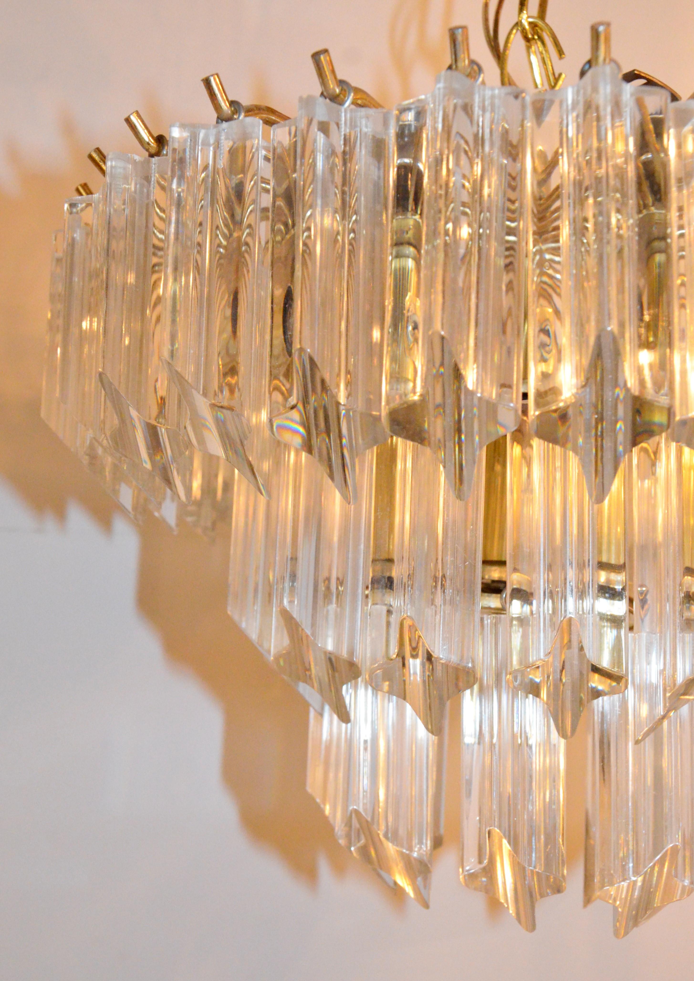 Lucite Hanging Triad Prisms with Brass Frame Venini Style Flushmount Chandelier For Sale 5