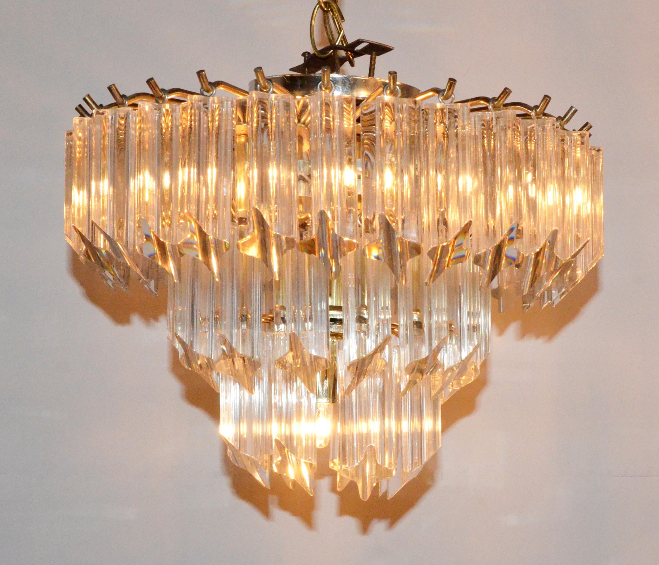 Lucite Hanging Triad Prisms with Brass Frame Venini Style Flushmount Chandelier For Sale 6