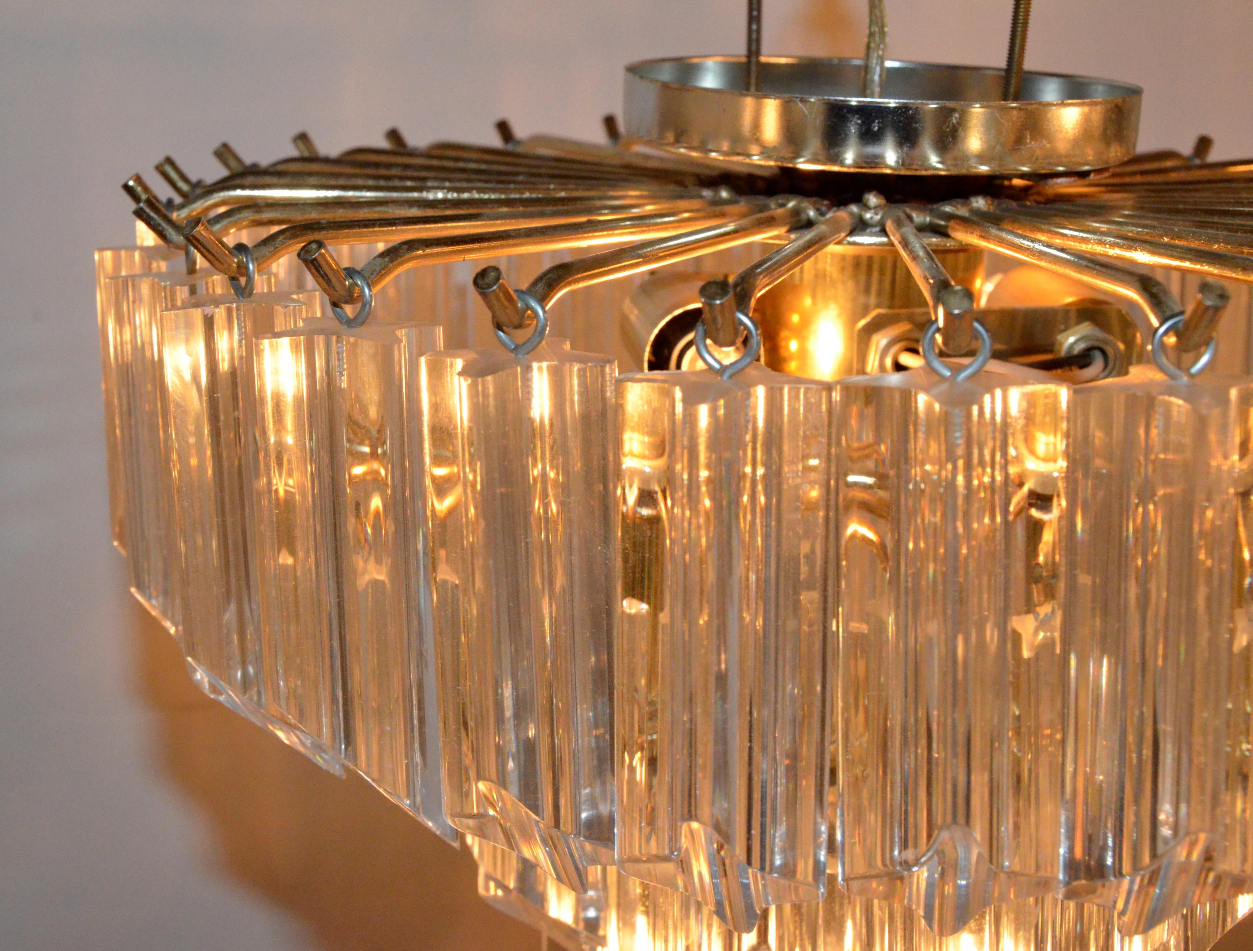 Lucite Hanging Triad Prisms with Brass Frame Venini Style Flushmount Chandelier For Sale 10