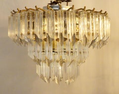 Lucite Hanging Triad Prisms with Brass Frame Venini Style Flushmount Chandelier