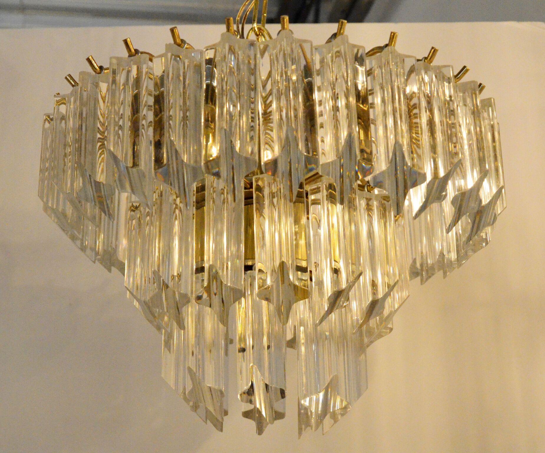 Mid-Century Modern Lucite Hanging Triad Prisms with Brass Frame Venini Style Flushmount Chandelier For Sale