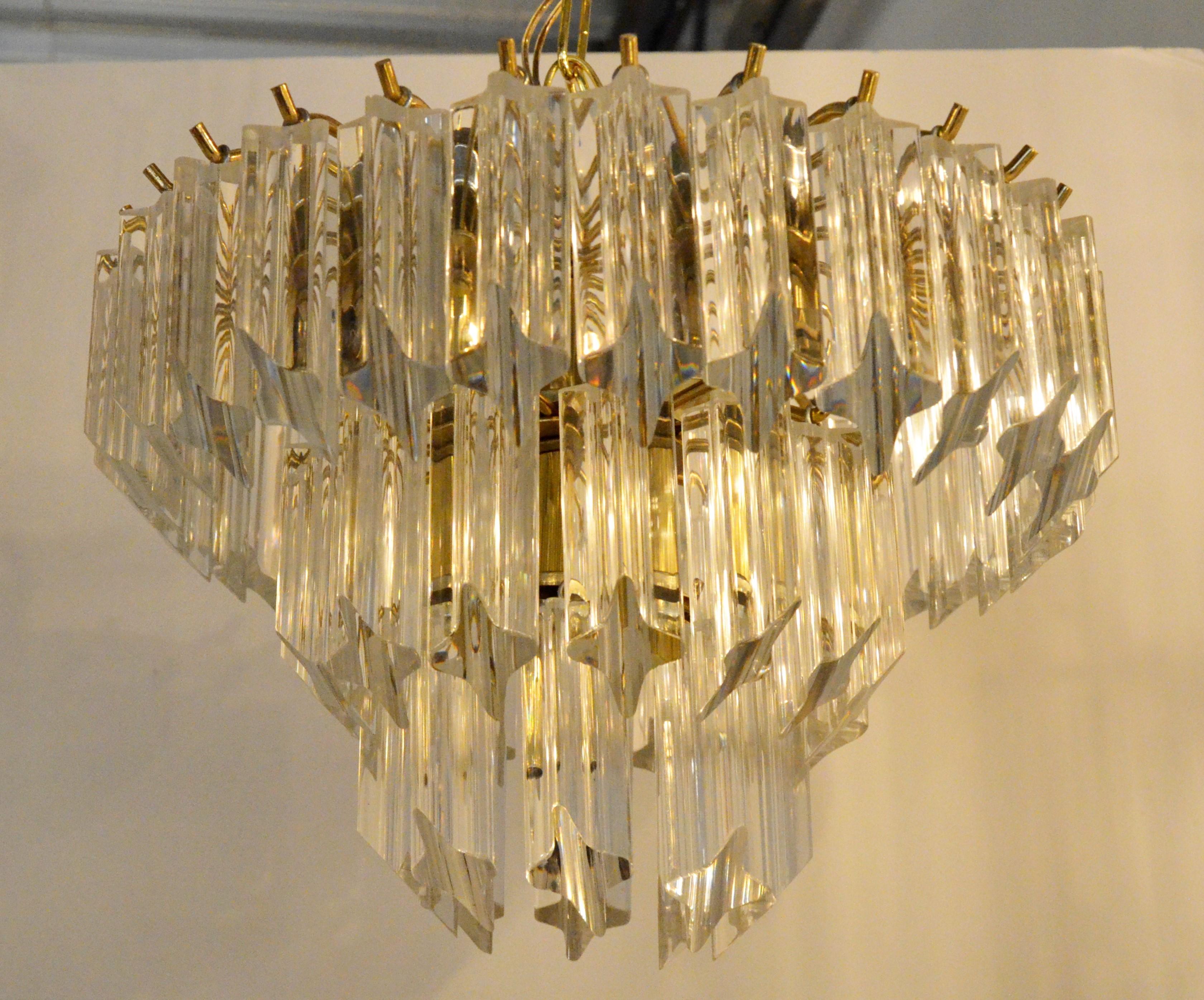 Lucite Hanging Triad Prisms with Brass Frame Venini Style Flushmount Chandelier In Good Condition For Sale In Houston, TX