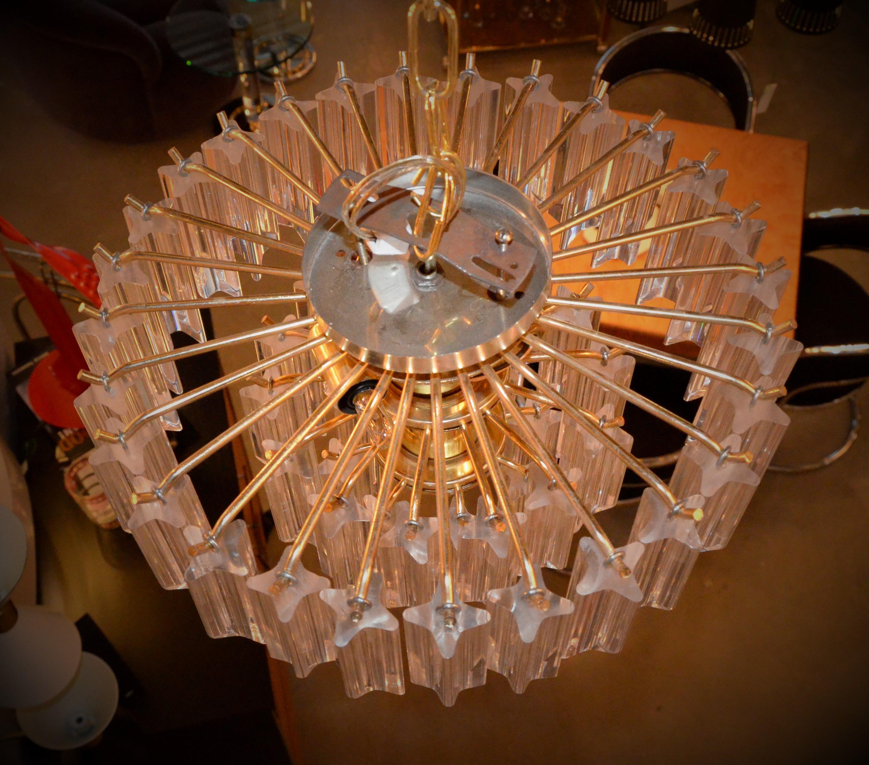 Lucite Hanging Triad Prisms with Brass Frame Venini Style Flushmount Chandelier For Sale 1