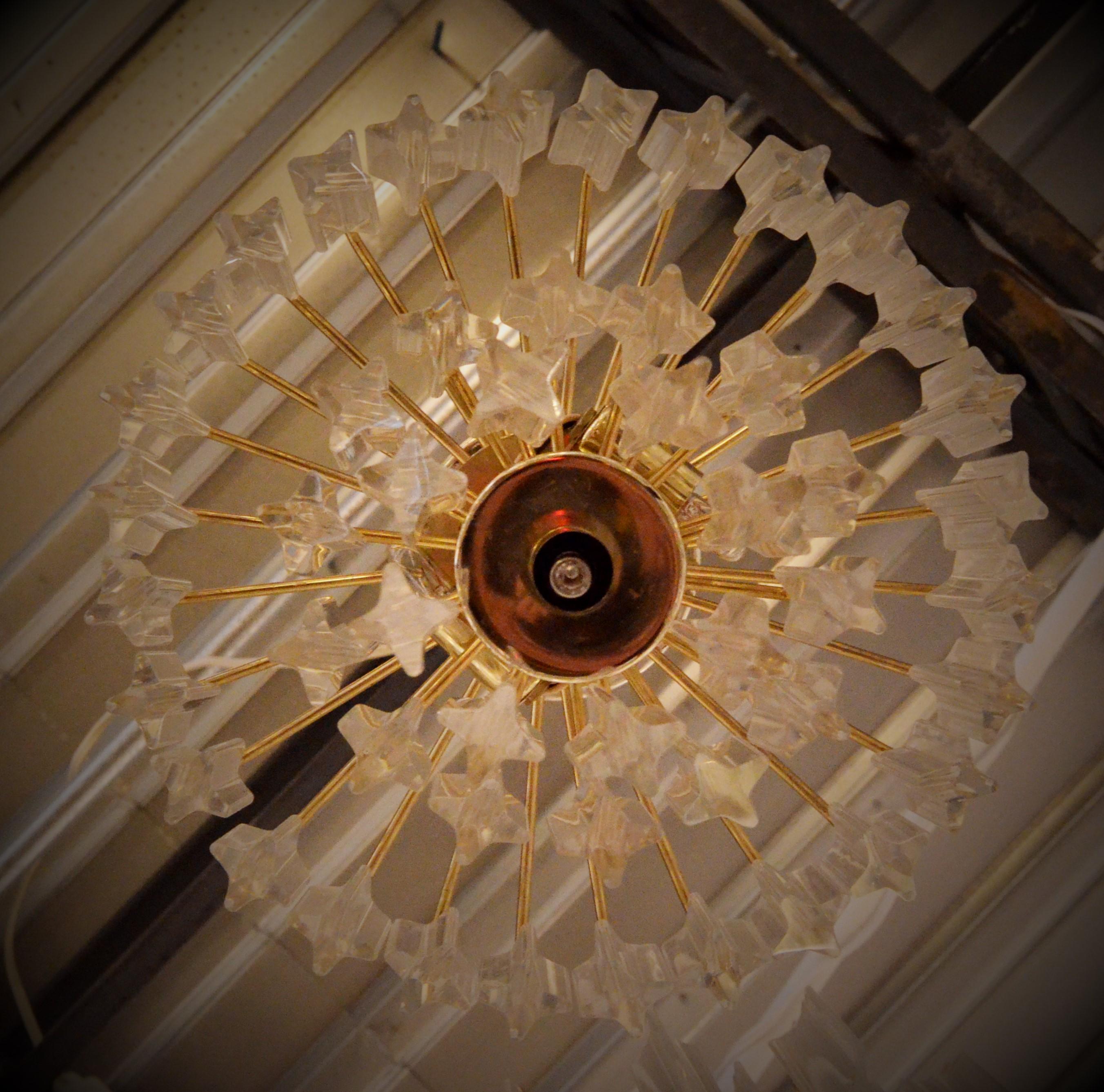 Lucite Hanging Triad Prisms with Brass Frame Venini Style Flushmount Chandelier For Sale 2