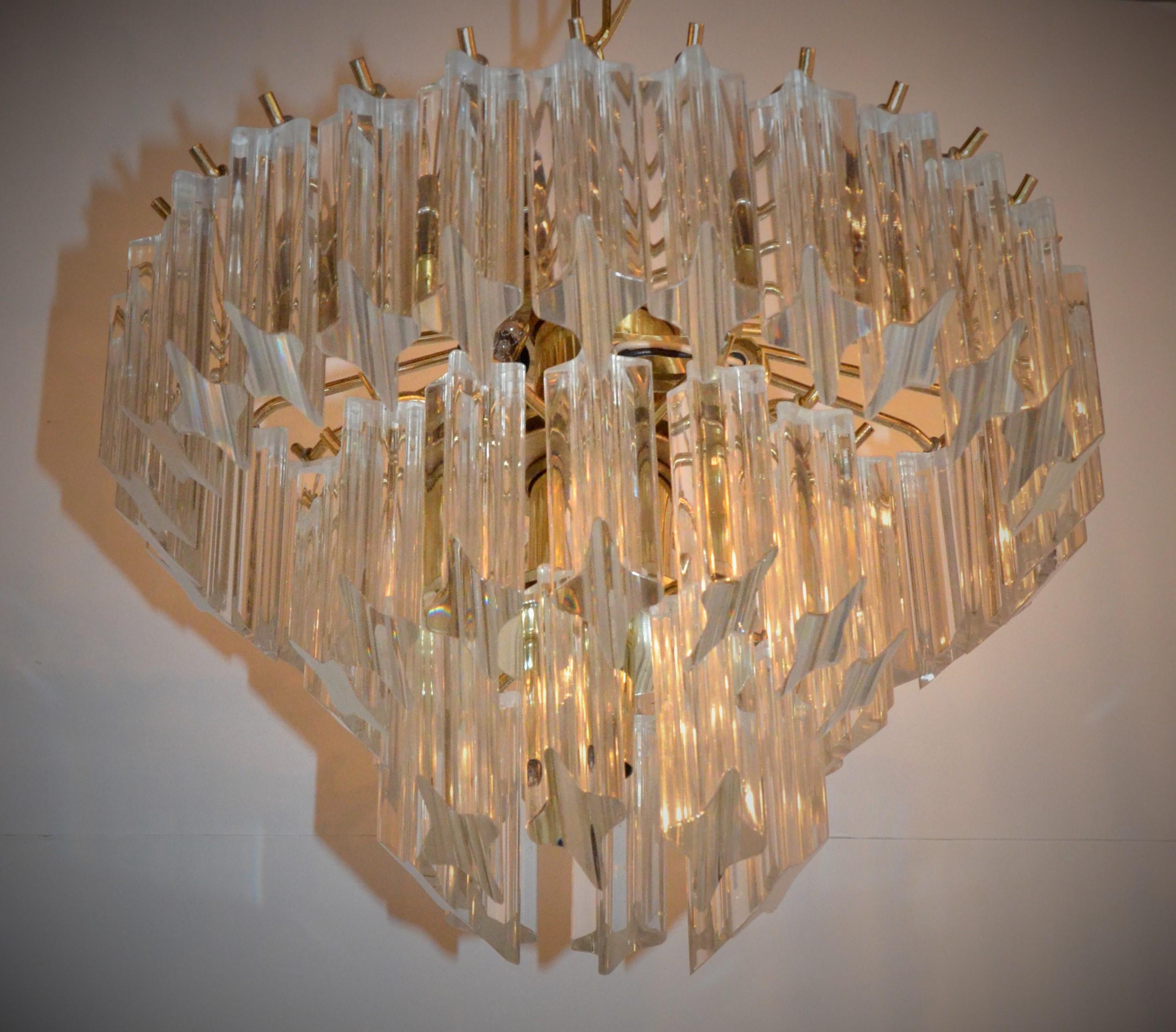 Lucite Hanging Triad Prisms with Brass Frame Venini Style Flushmount Chandelier For Sale 3