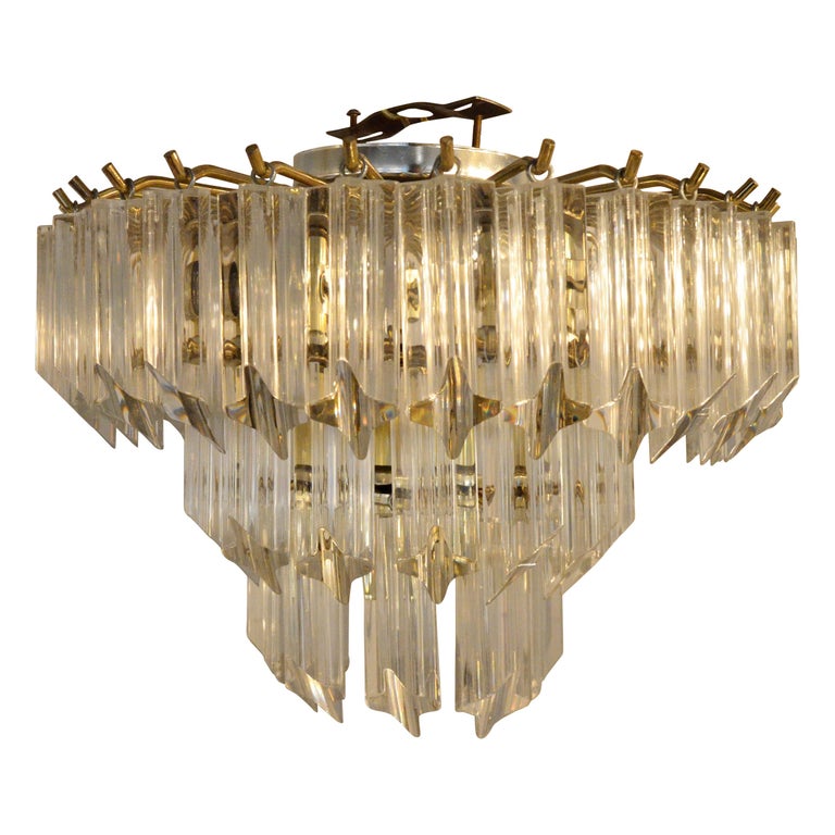 MidCentury Modern Lucite Prism/ Brass Frame Venini Style Flush Mount