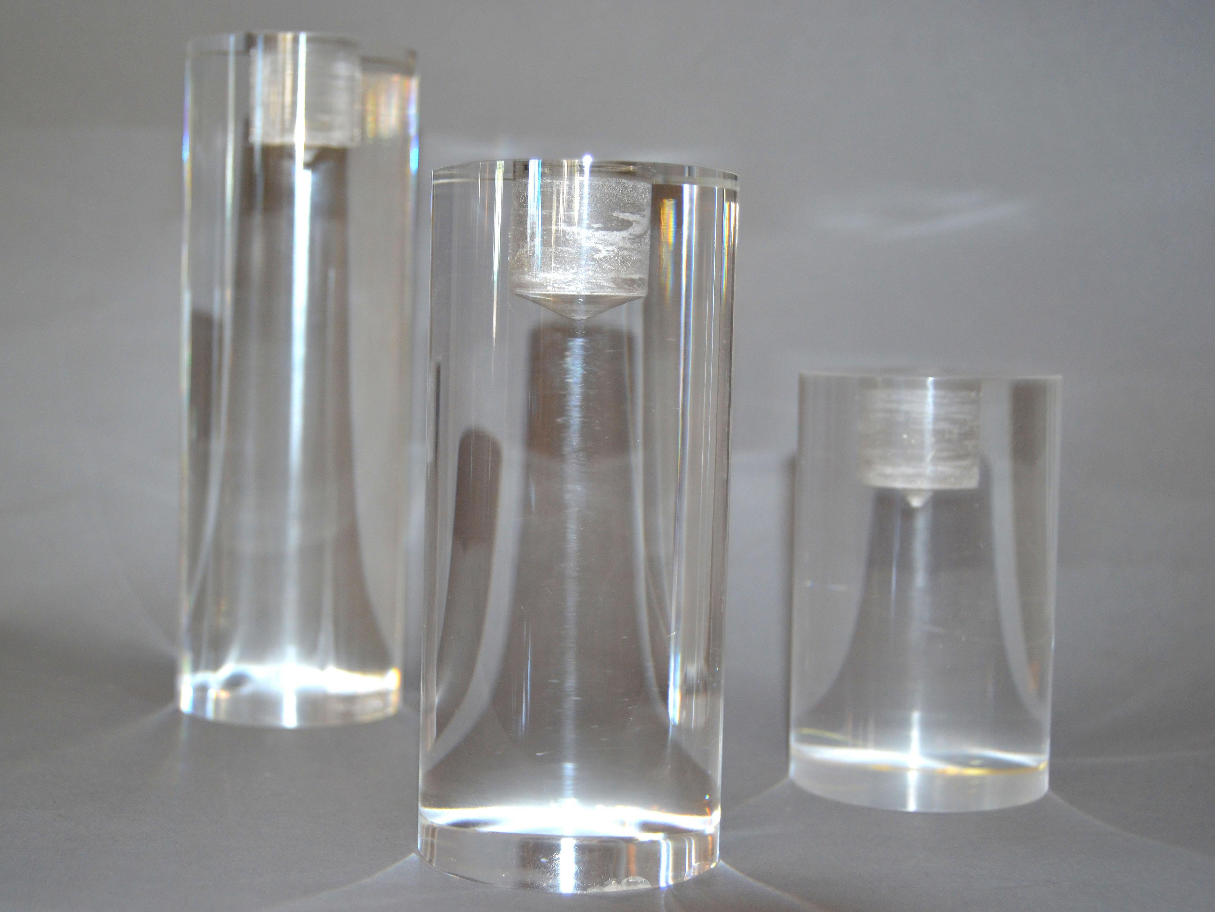 Hand-Crafted Nesting Set of 3 Mid-Century Modern Lucite Handmade Round Candleholders For Sale
