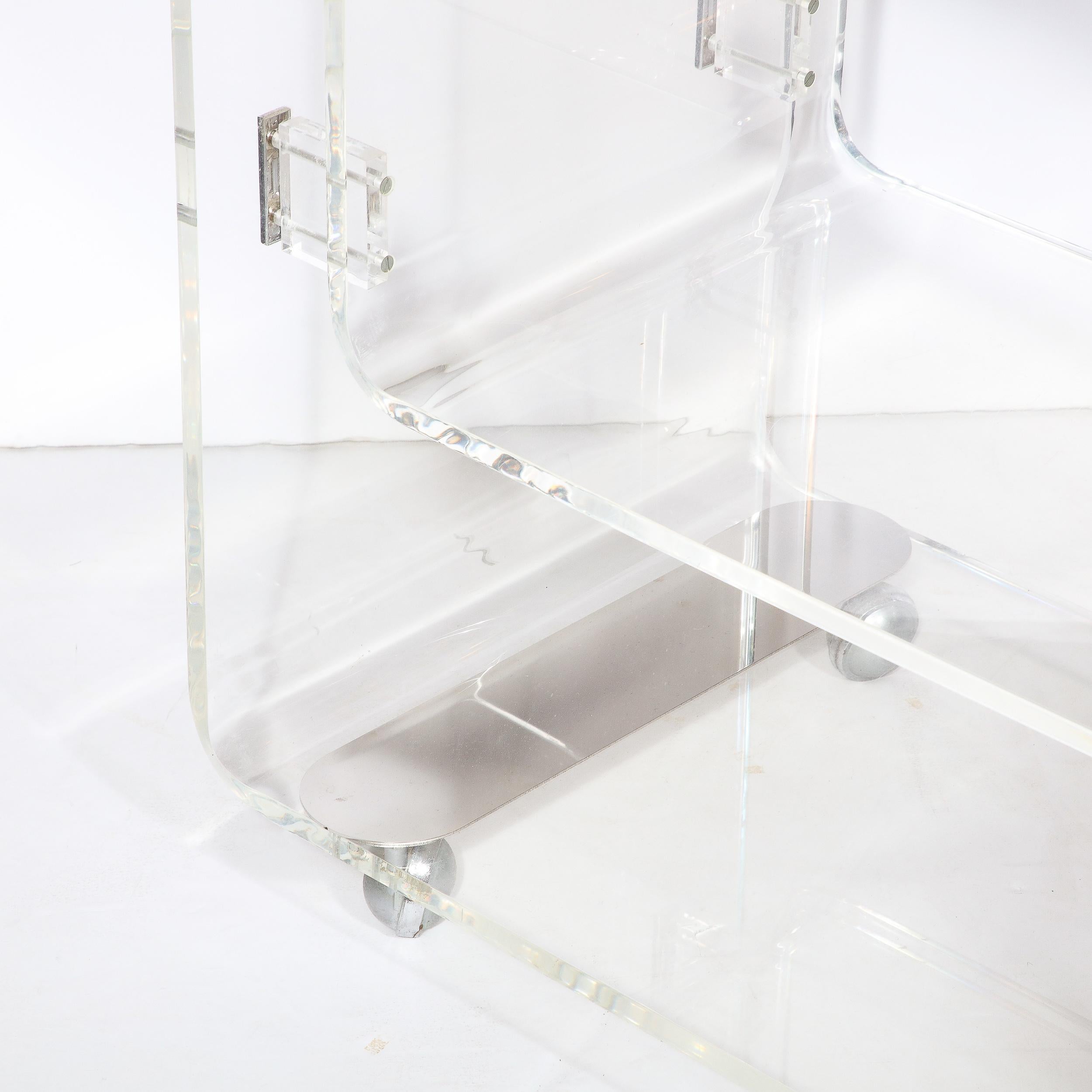 Mid-Century Modern Lucite & Smoked Glass Streamlined Bar Cart on Chrome Castors For Sale 7
