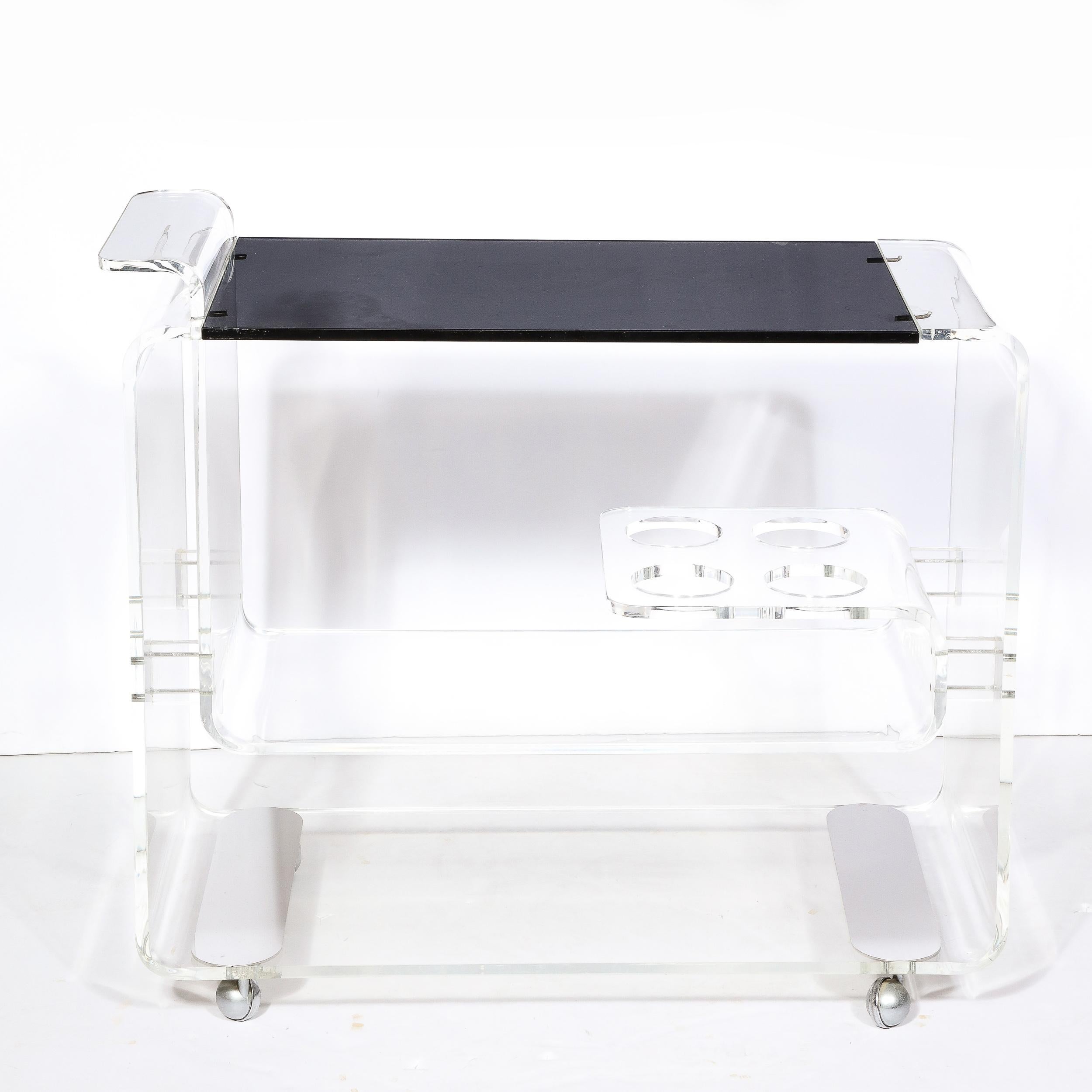 Mid-Century Modern Lucite & Smoked Glass Streamlined Bar Cart on Chrome Castors For Sale 9