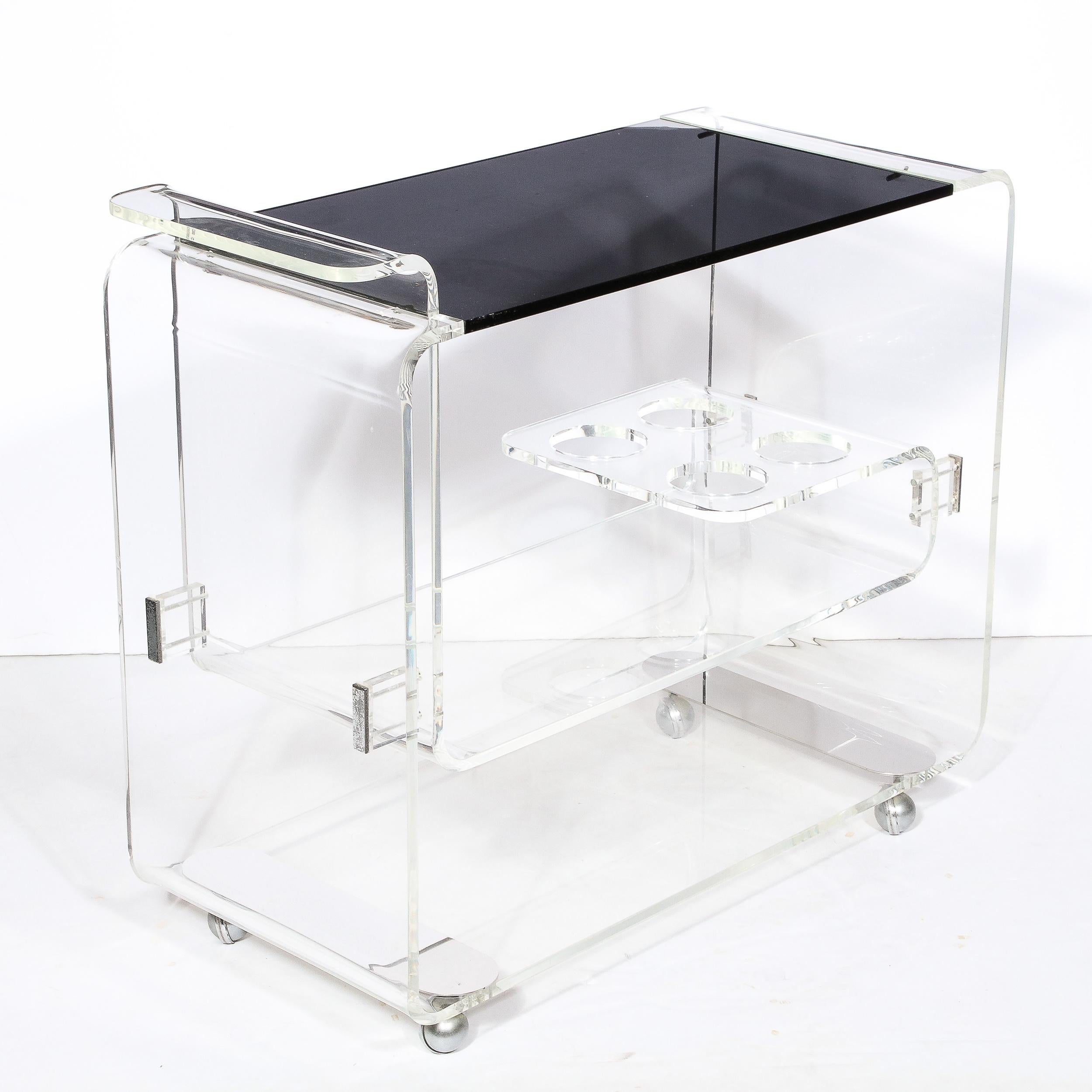 Mid-Century Modern Lucite & Smoked Glass Streamlined Bar Cart on Chrome Castors For Sale 10