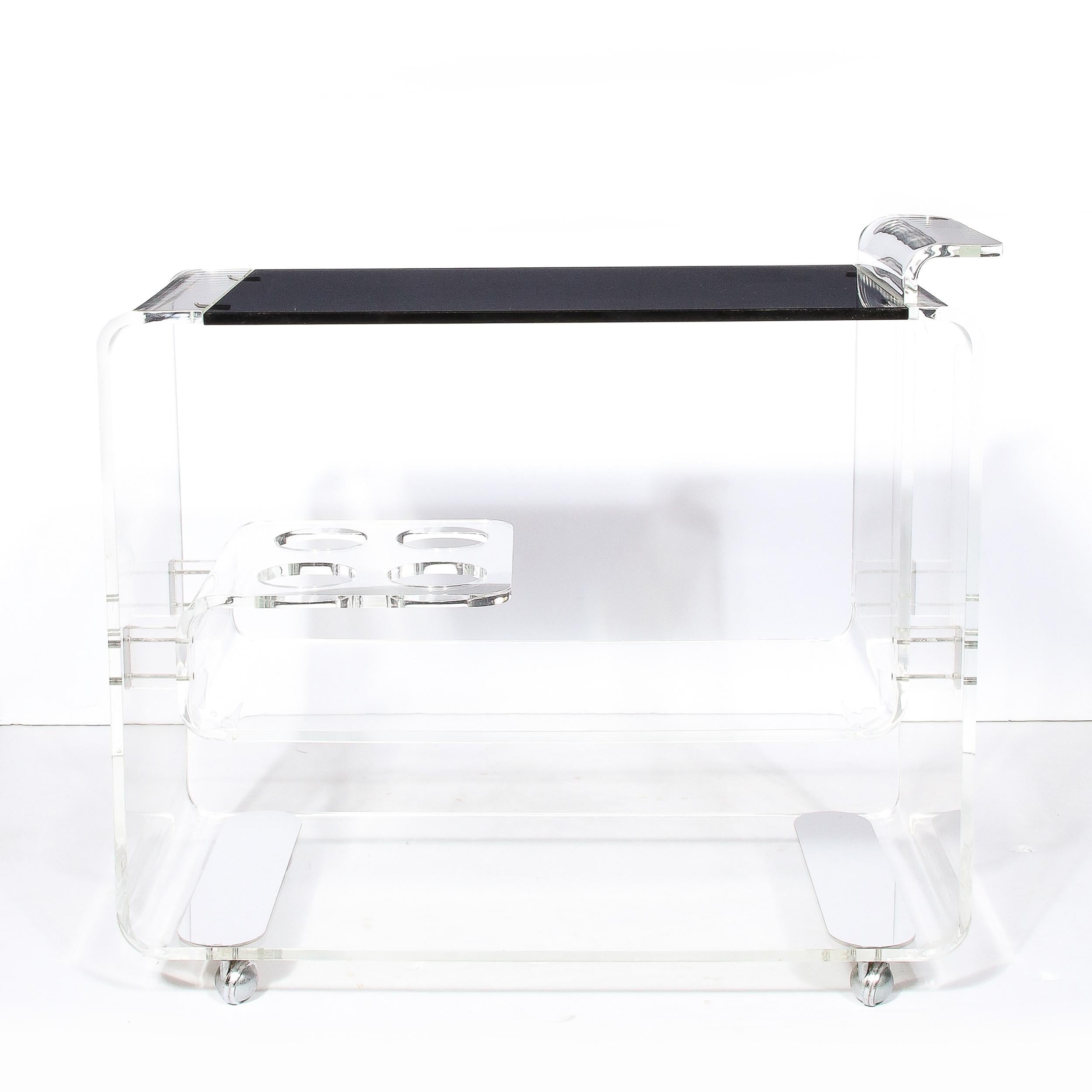 American Mid-Century Modern Lucite & Smoked Glass Streamlined Bar Cart on Chrome Castors For Sale