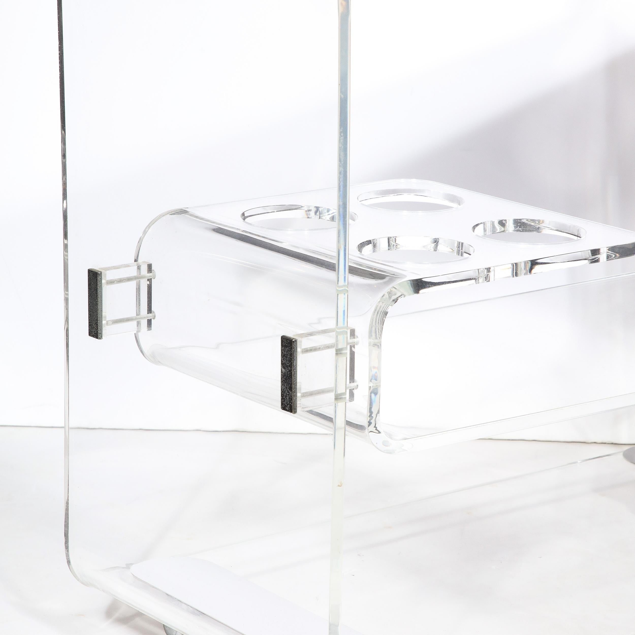 Mid-Century Modern Lucite & Smoked Glass Streamlined Bar Cart on Chrome Castors For Sale 1