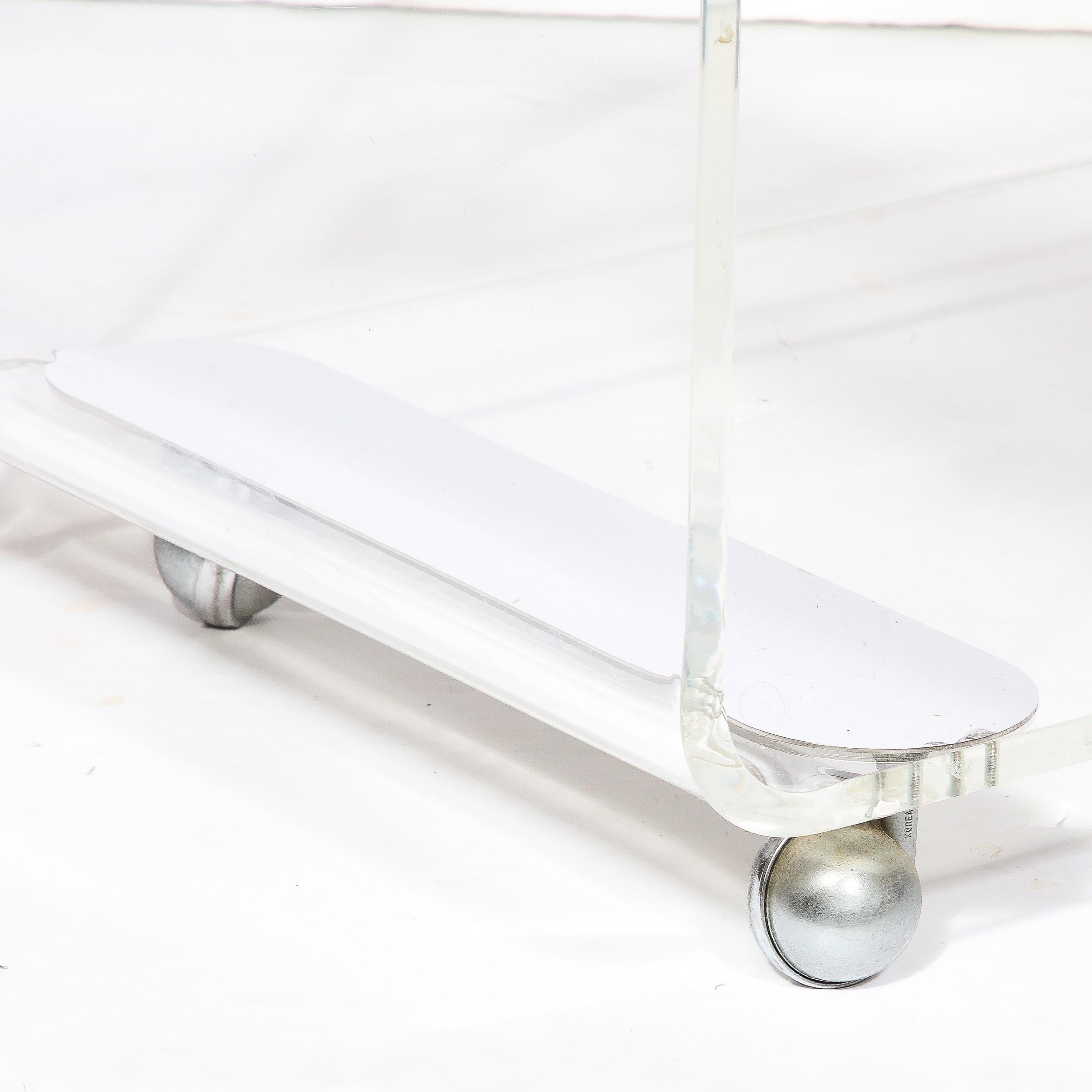 Mid-Century Modern Lucite & Smoked Glass Streamlined Bar Cart on Chrome Castors For Sale 2