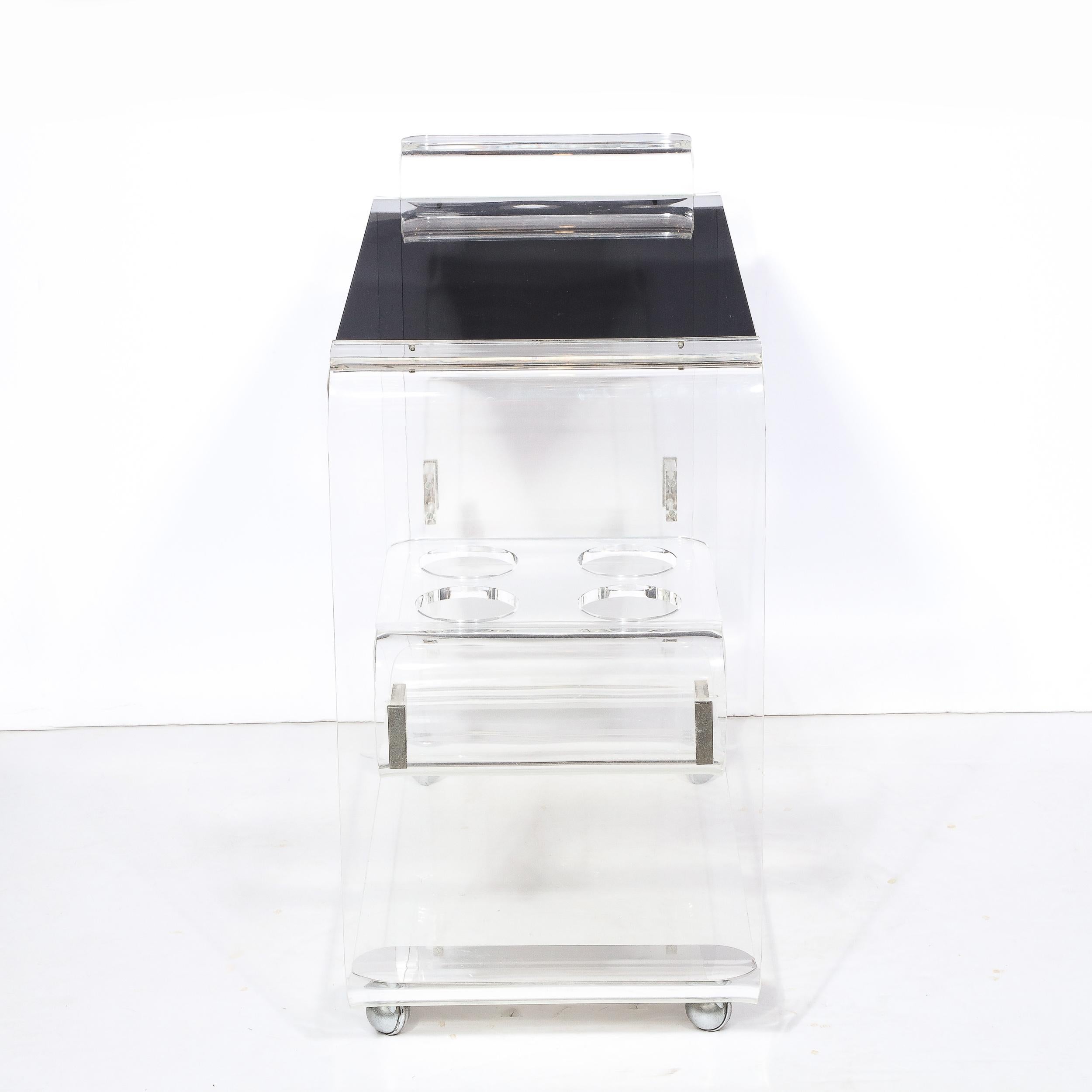 Mid-Century Modern Lucite & Smoked Glass Streamlined Bar Cart on Chrome Castors For Sale 3