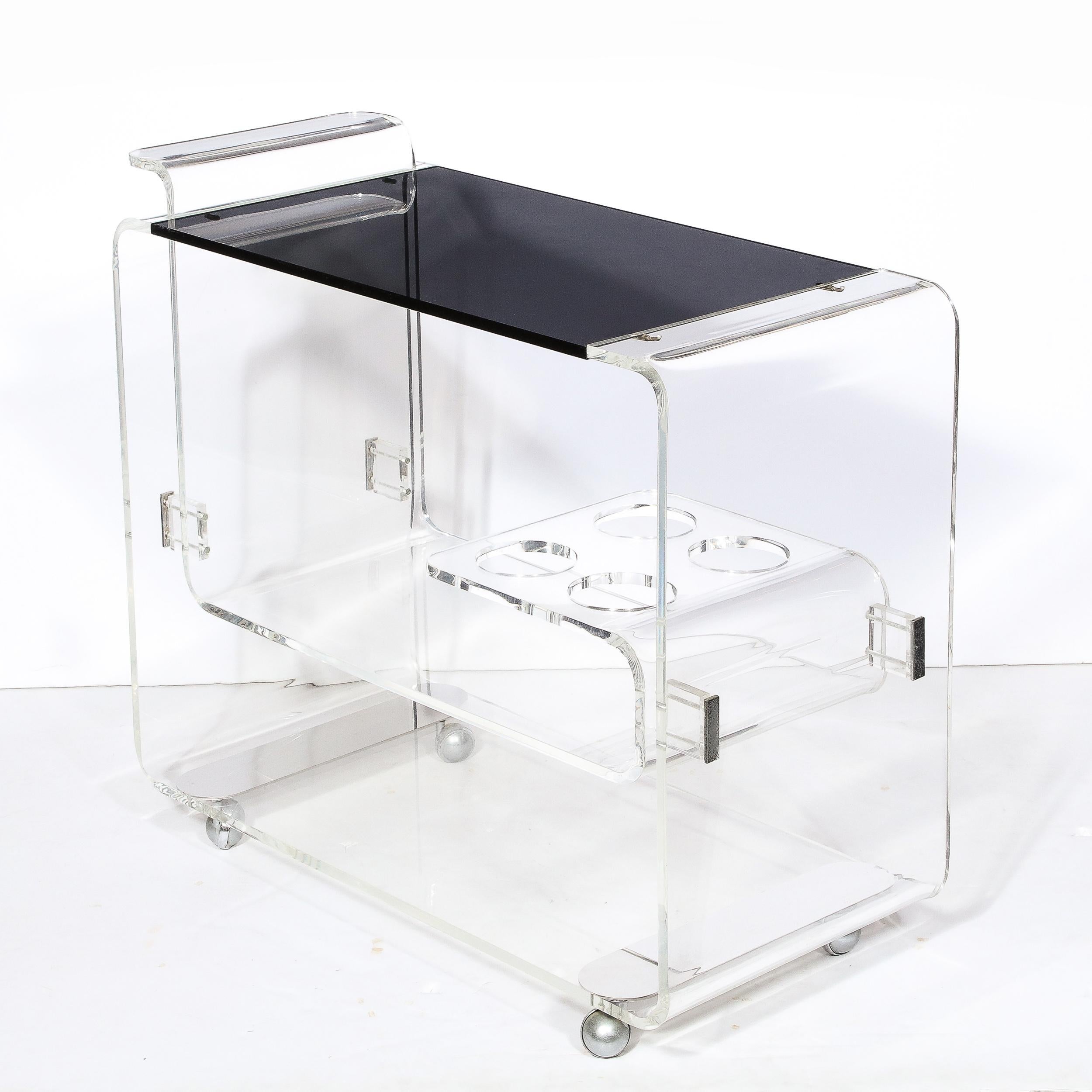 Mid-Century Modern Lucite & Smoked Glass Streamlined Bar Cart on Chrome Castors For Sale 4