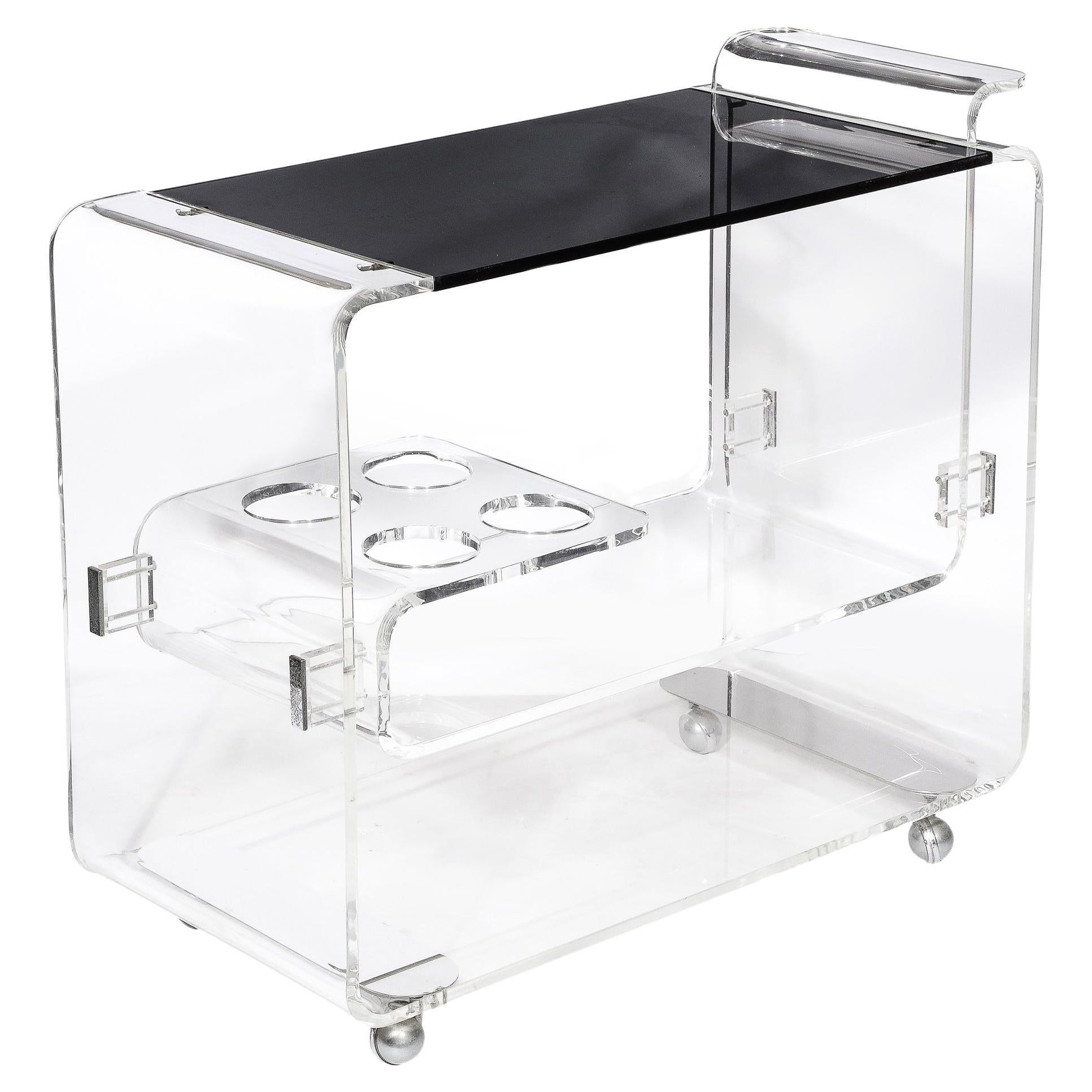 Mid-Century Modern Lucite & Smoked Glass Streamlined Bar Cart on Chrome Castors For Sale
