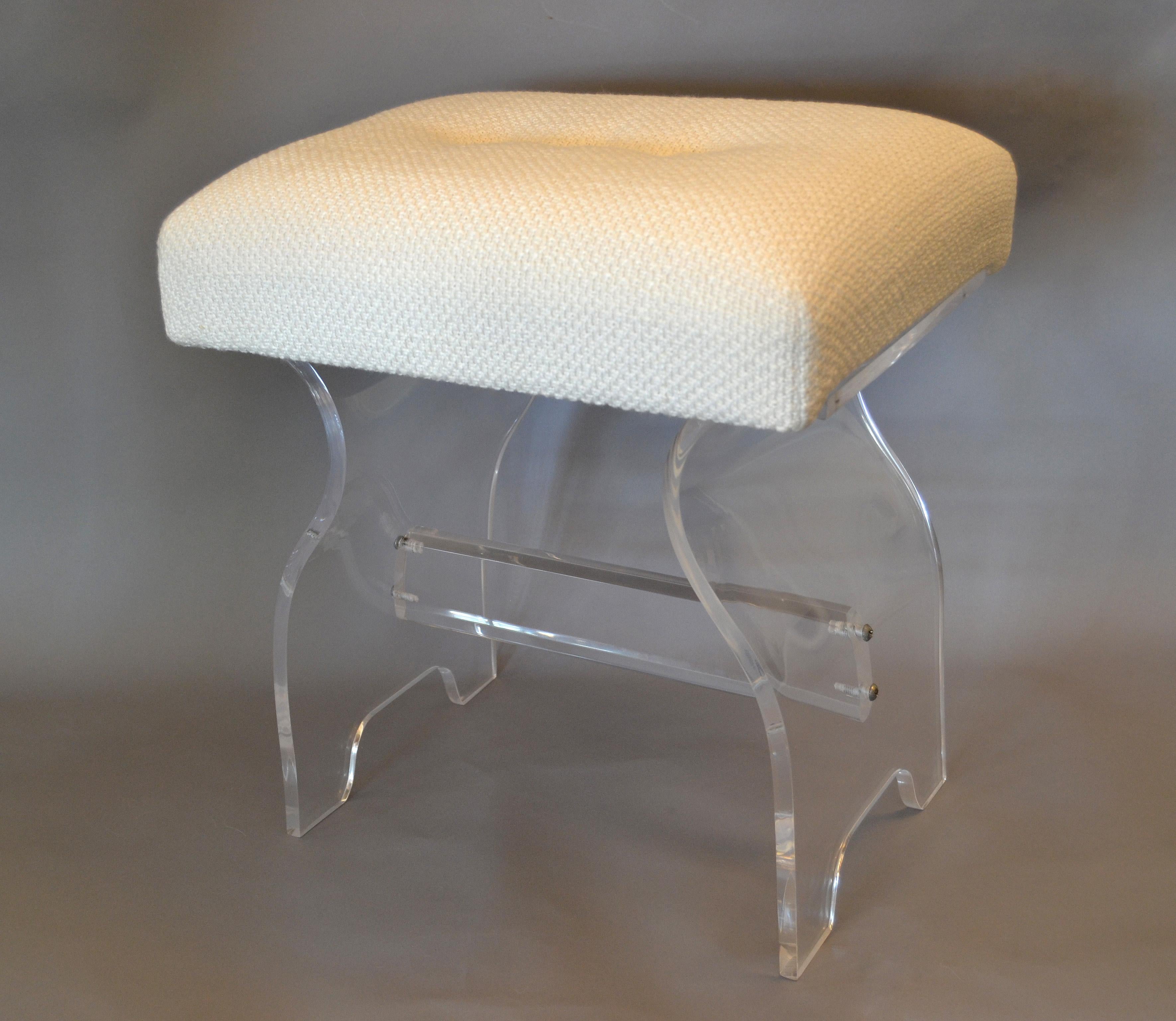 Mid-Century Modern Lucite Stool, Footstool, Vanity Stool in Boucle Fabric 1