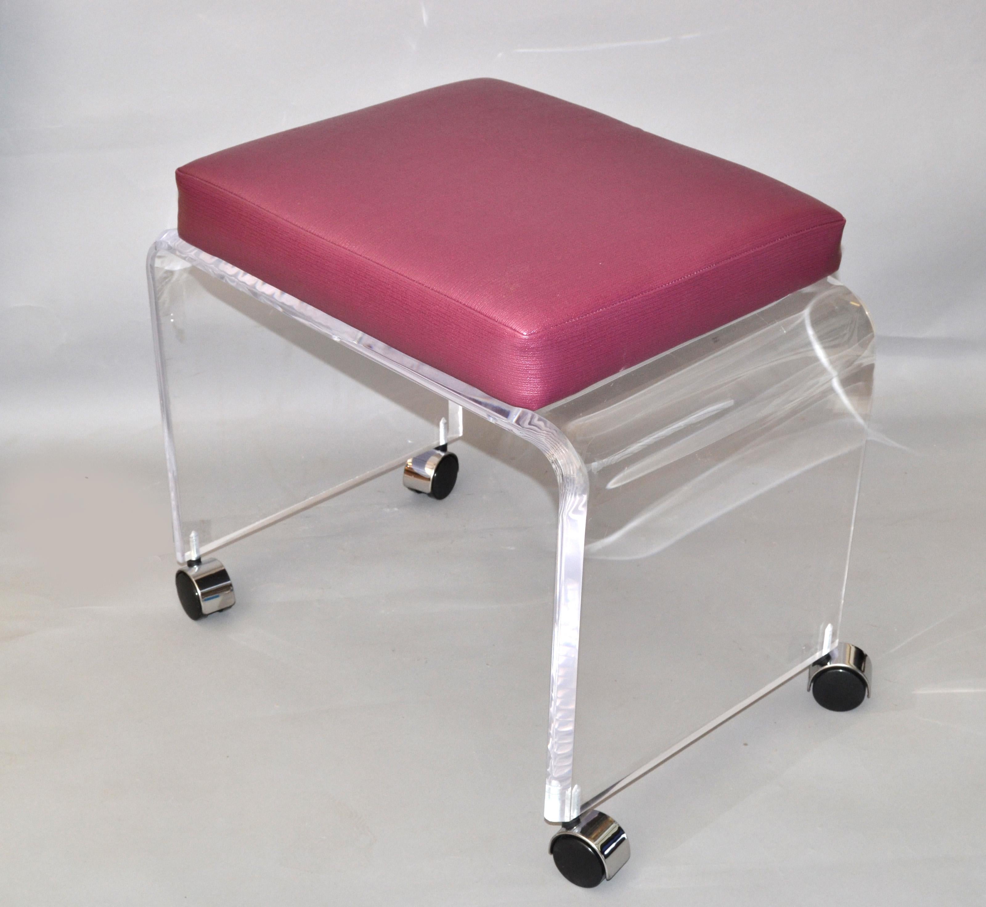 Mid-Century Modern Lucite Stool, Vanity Stool Magenta Vinyl Seat Chrome Casters 9