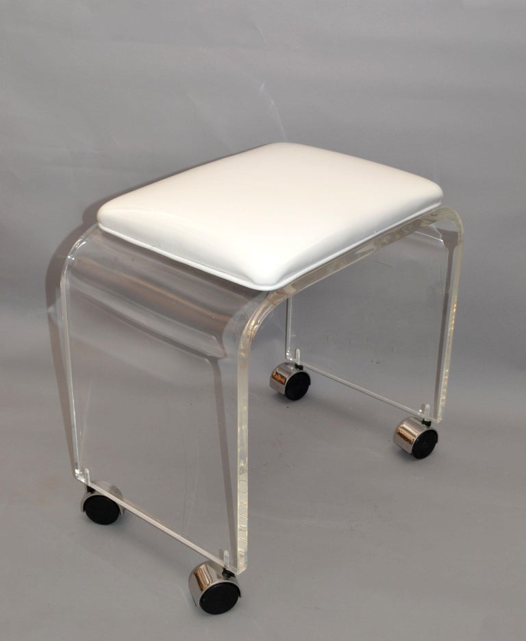 MidCentury Modern Lucite Stool, Vanity Stool White Vinyl Seat on Chrome Casters For Sale at 1stDibs