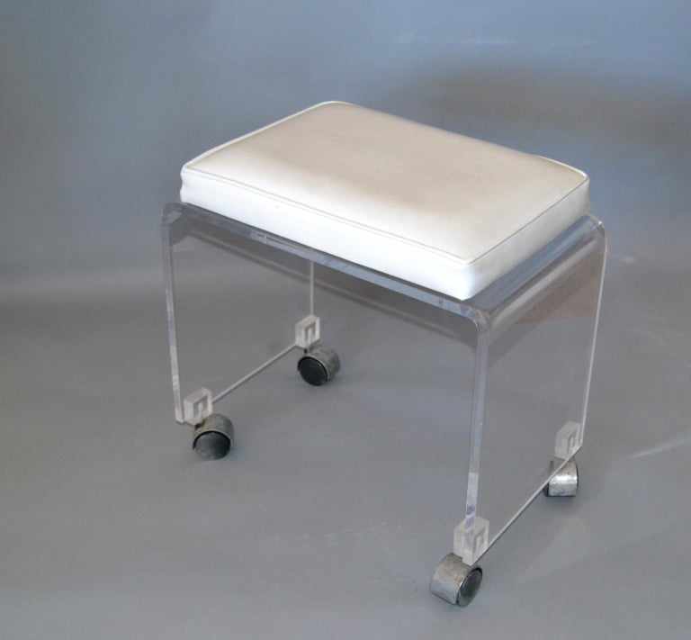 MidCentury Modern Lucite Stool, Vanity Stool White Vinyl Seat on Chrome Casters at 1stDibs