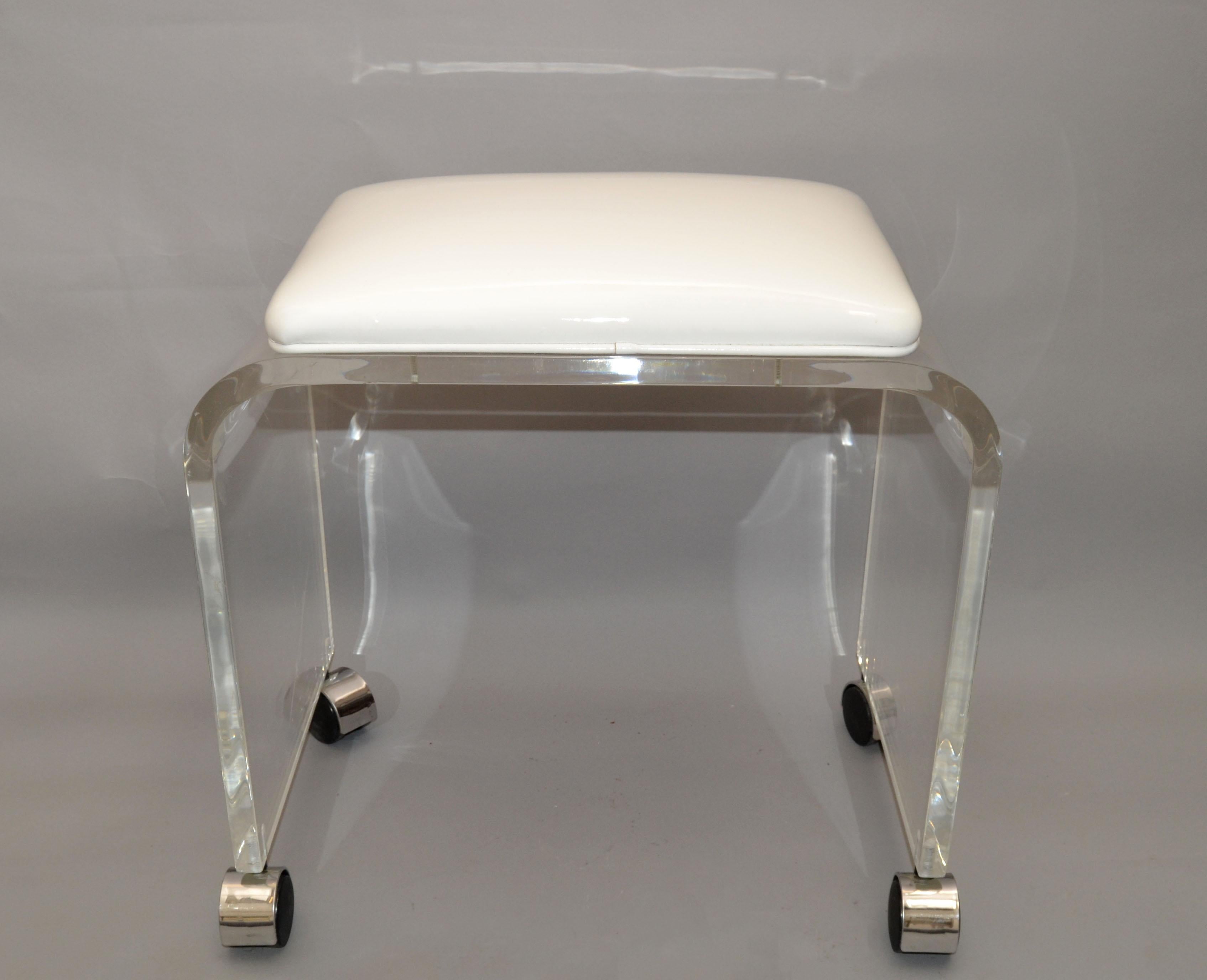 Mid-Century Modern Lucite Stool, Vanity Stool White Vinyl Seat on Chrome Casters 6