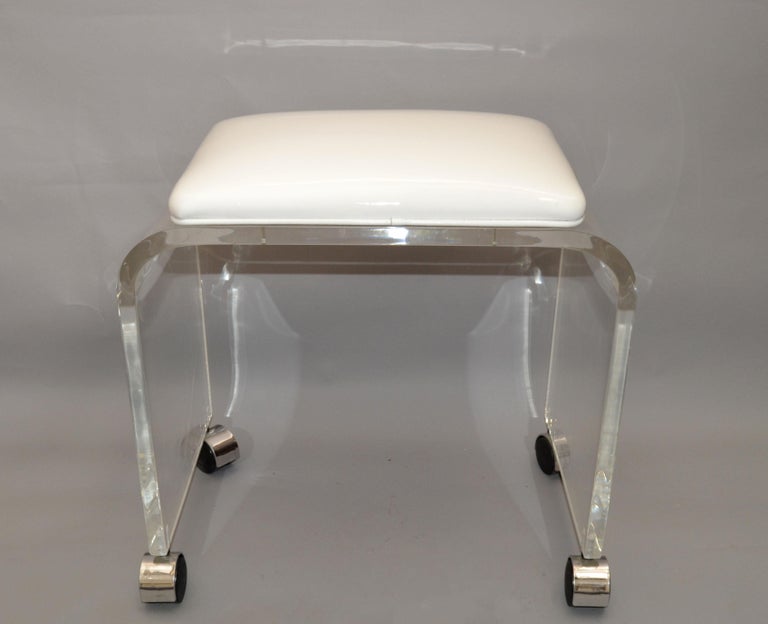 MidCentury Modern Lucite Stool, Vanity Stool White Vinyl Seat on Chrome Casters For Sale at 1stDibs