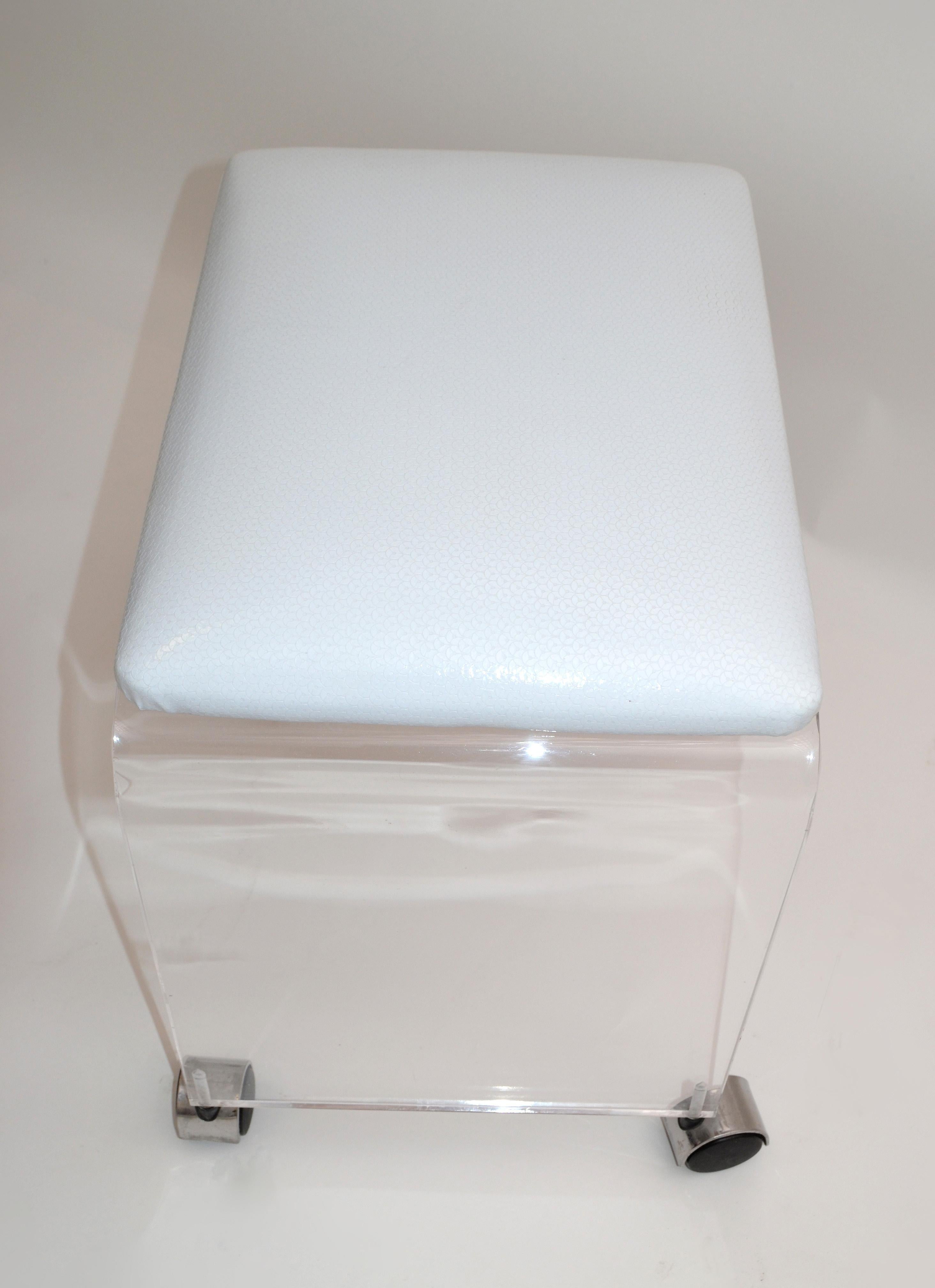Mid-Century Modern Lucite Stool, Vanity Stool White Vinyl Seat on Chrome Casters 4