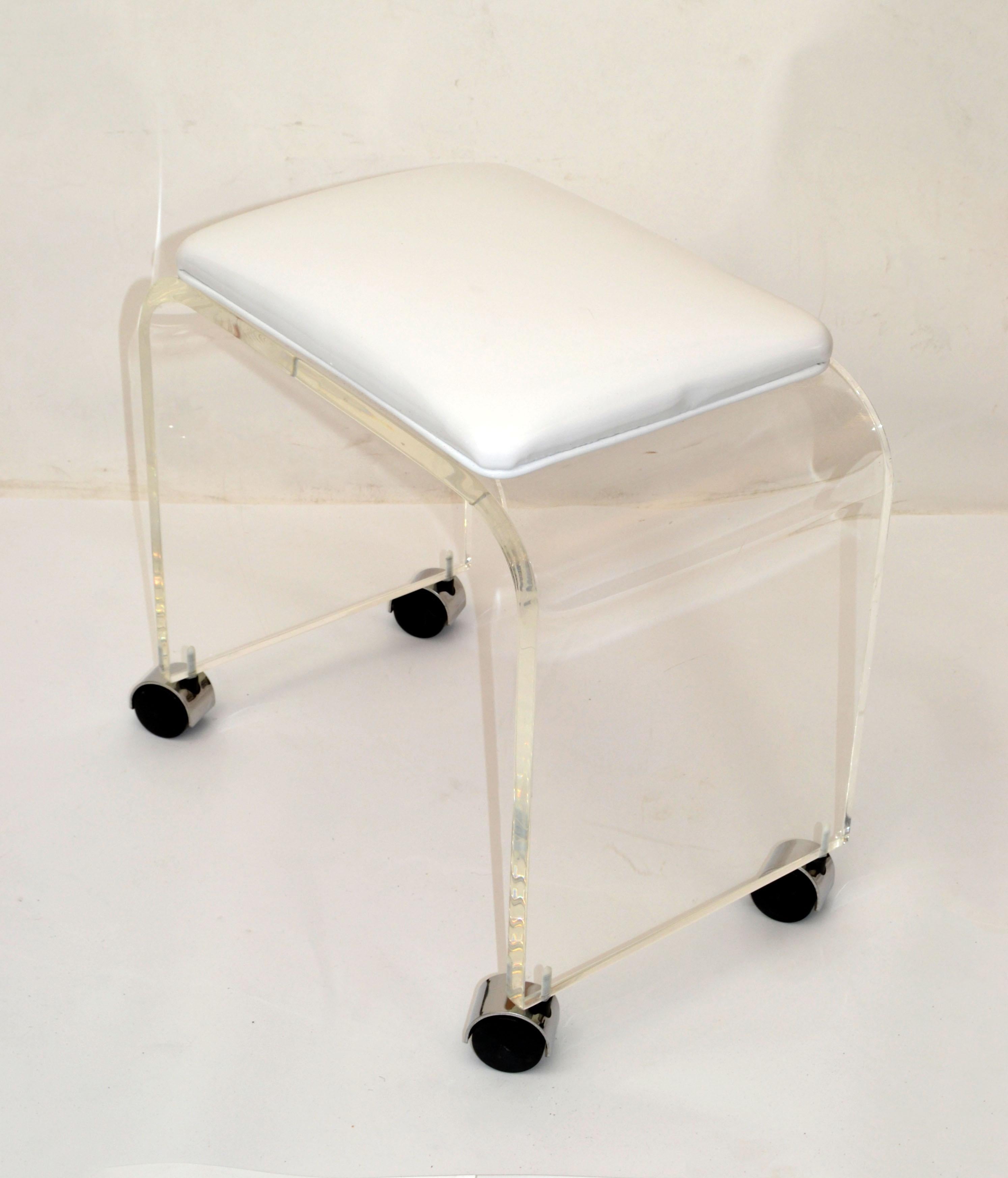 Mid-Century Modern Lucite Stool, Vanity Stool White Vinyl Seat on Chrome Casters 7