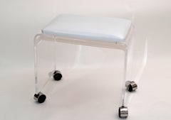 Mid-Century Modern Lucite Stool, Vanity Stool White Vinyl Seat on Chrome Casters