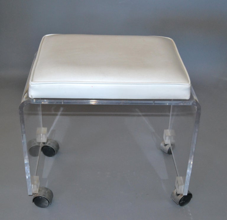 MidCentury Modern Lucite Stool, Vanity Stool White Vinyl Seat on Chrome Casters at 1stDibs