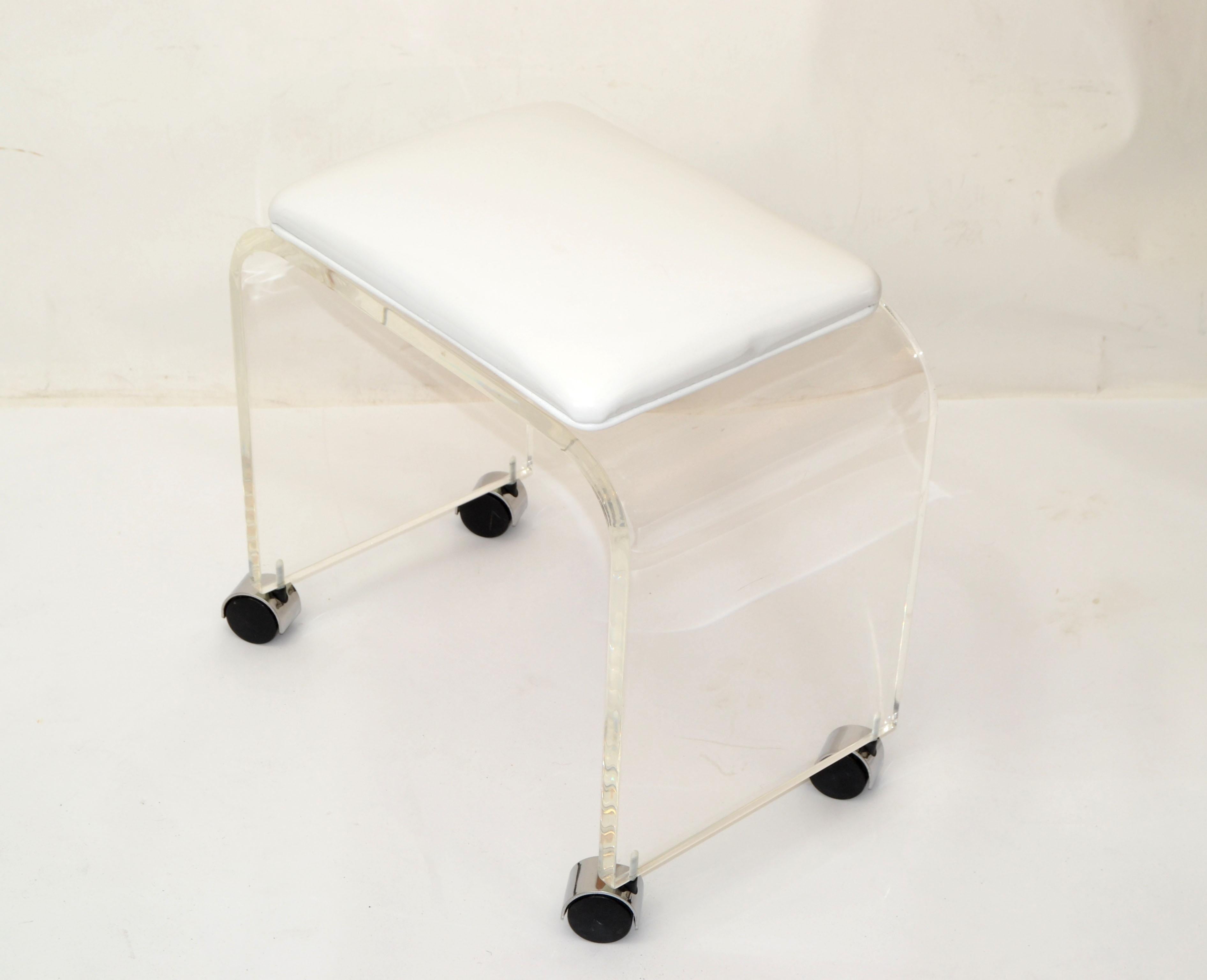 American Mid-Century Modern Lucite Stool, Vanity Stool White Vinyl Seat on Chrome Casters