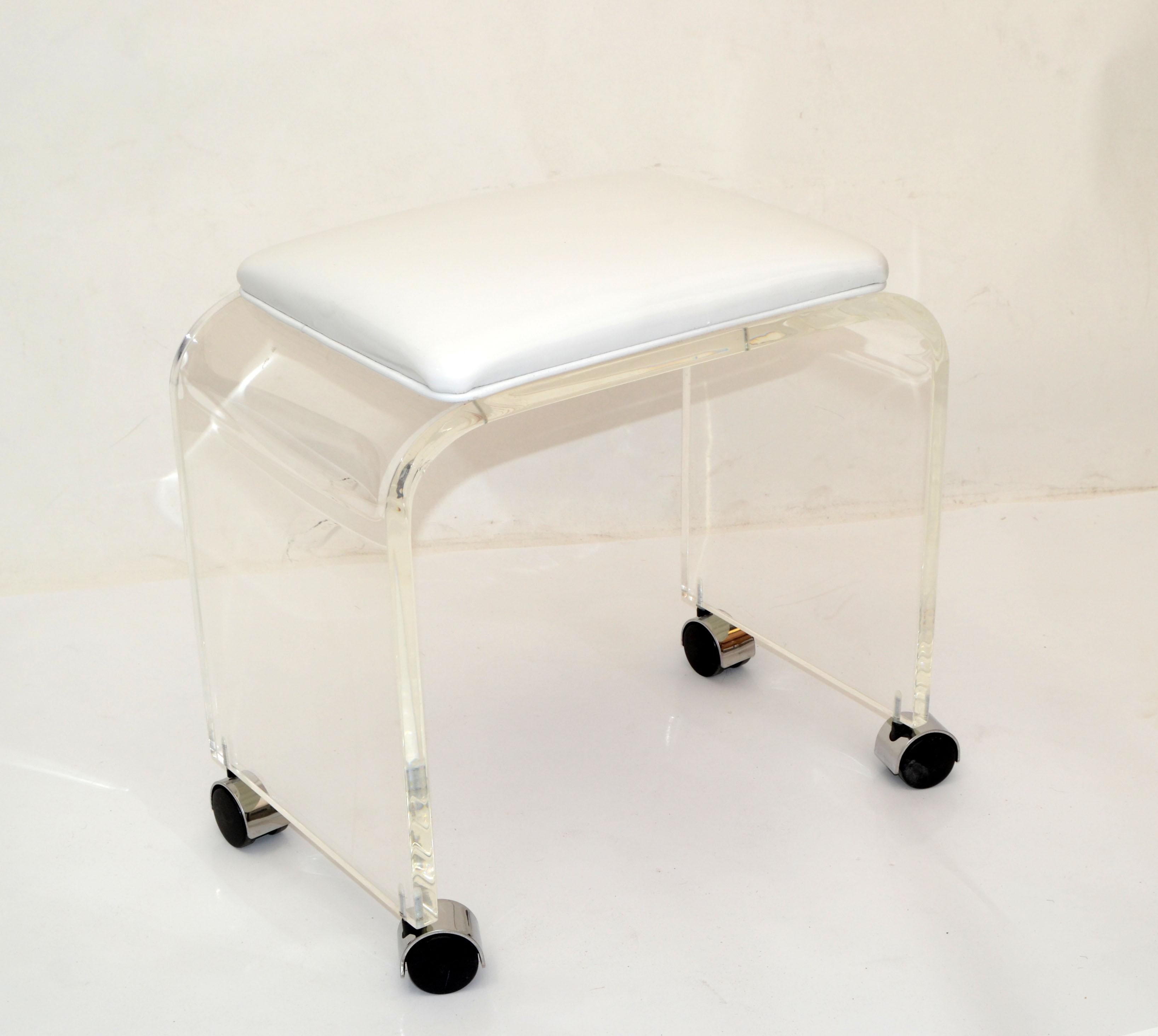 Polished Mid-Century Modern Lucite Stool, Vanity Stool White Vinyl Seat on Chrome Casters