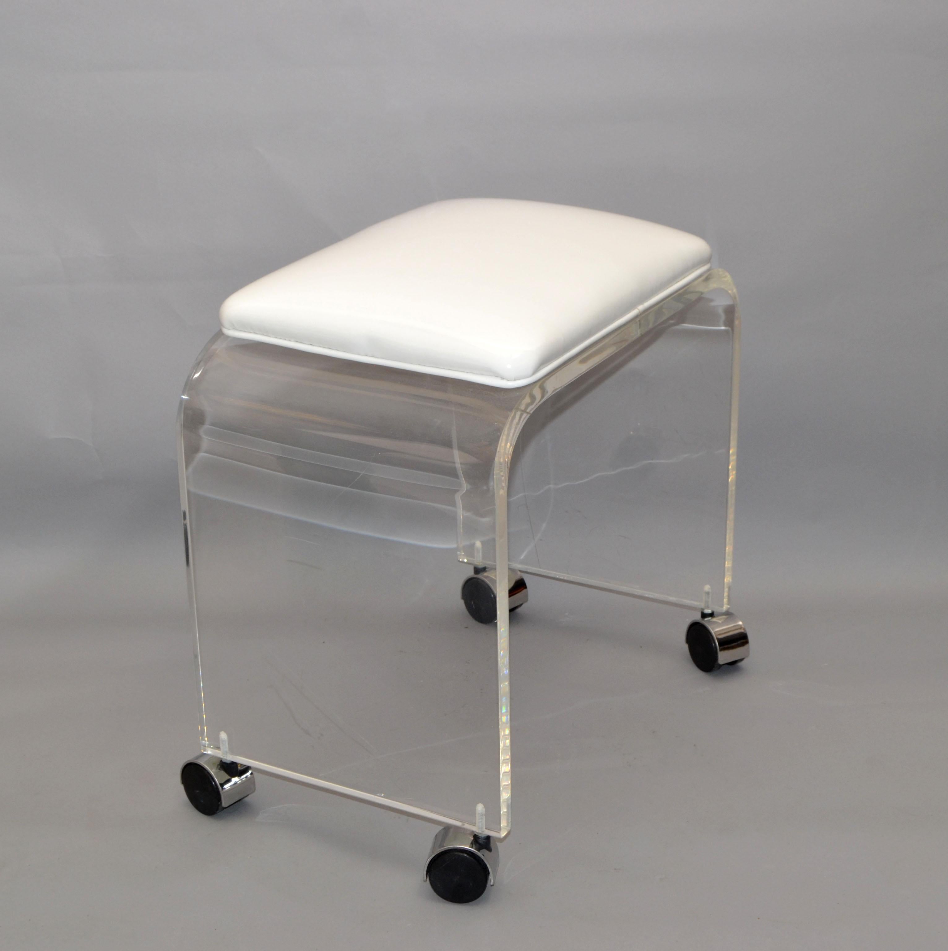 20th Century Mid-Century Modern Lucite Stool, Vanity Stool White Vinyl Seat on Chrome Casters