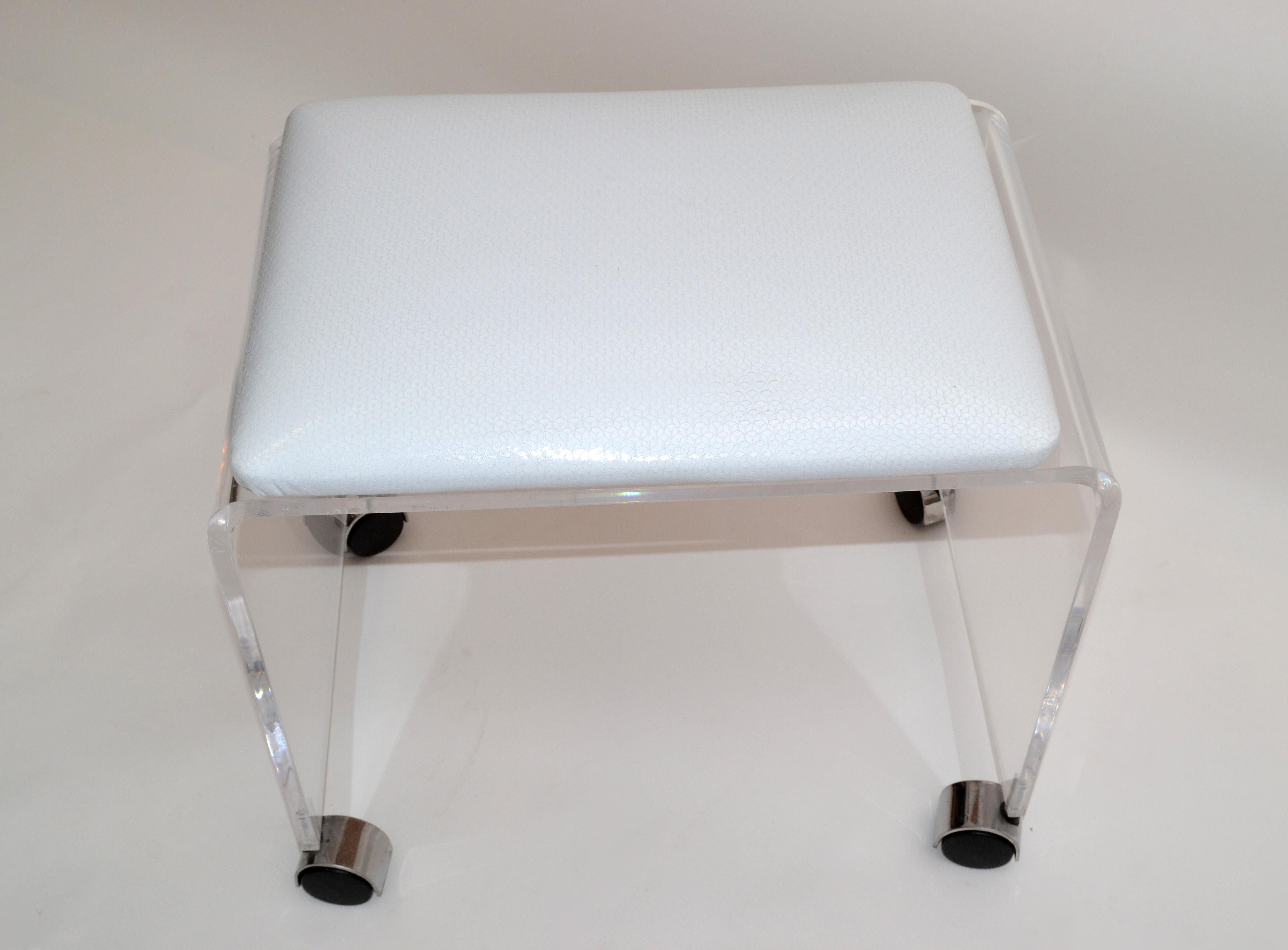 Polished Mid-Century Modern Lucite Stool, Vanity Stool White Vinyl Seat on Chrome Casters