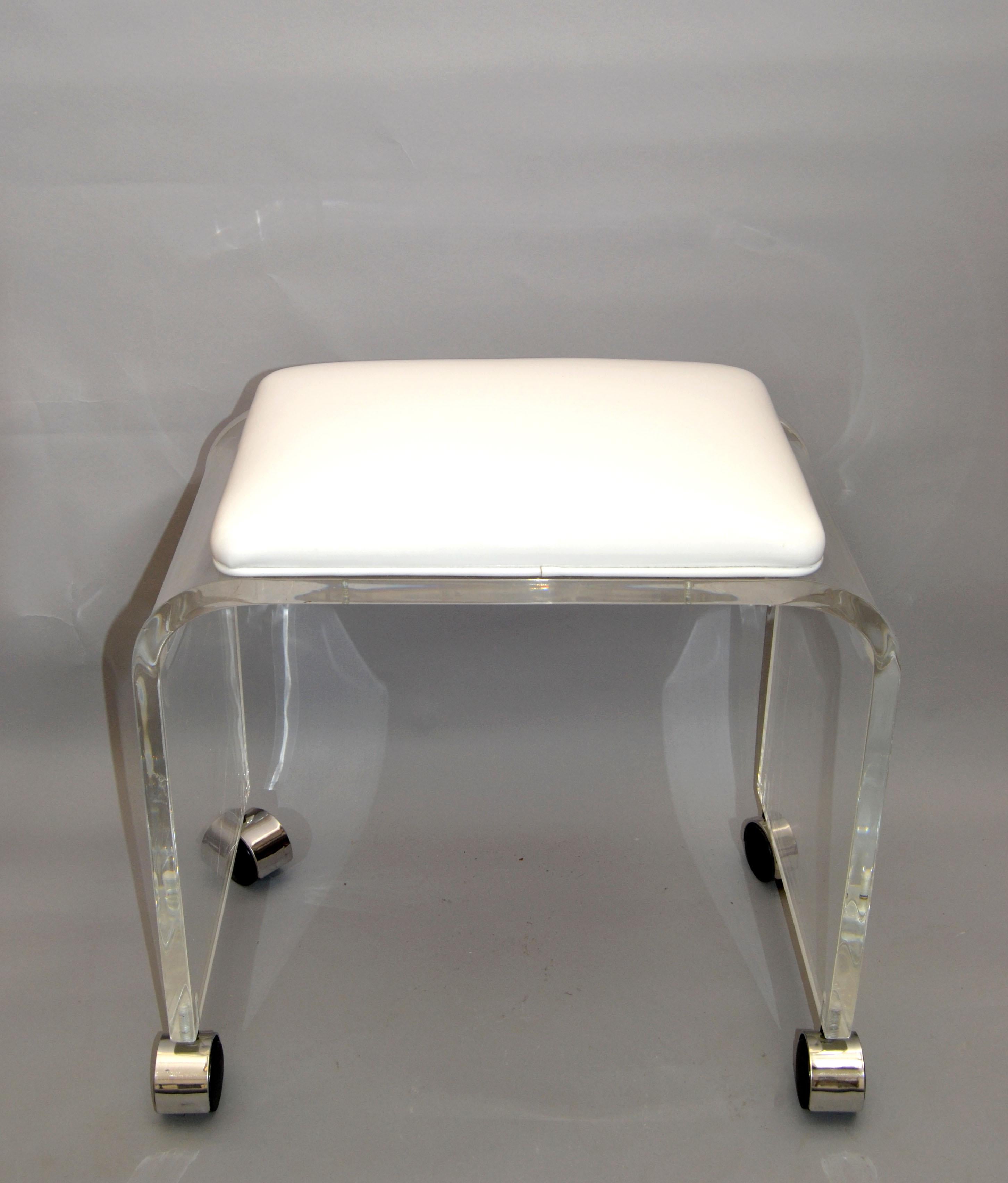Mid-Century Modern Lucite Stool, Vanity Stool White Vinyl Seat on Chrome Casters 1