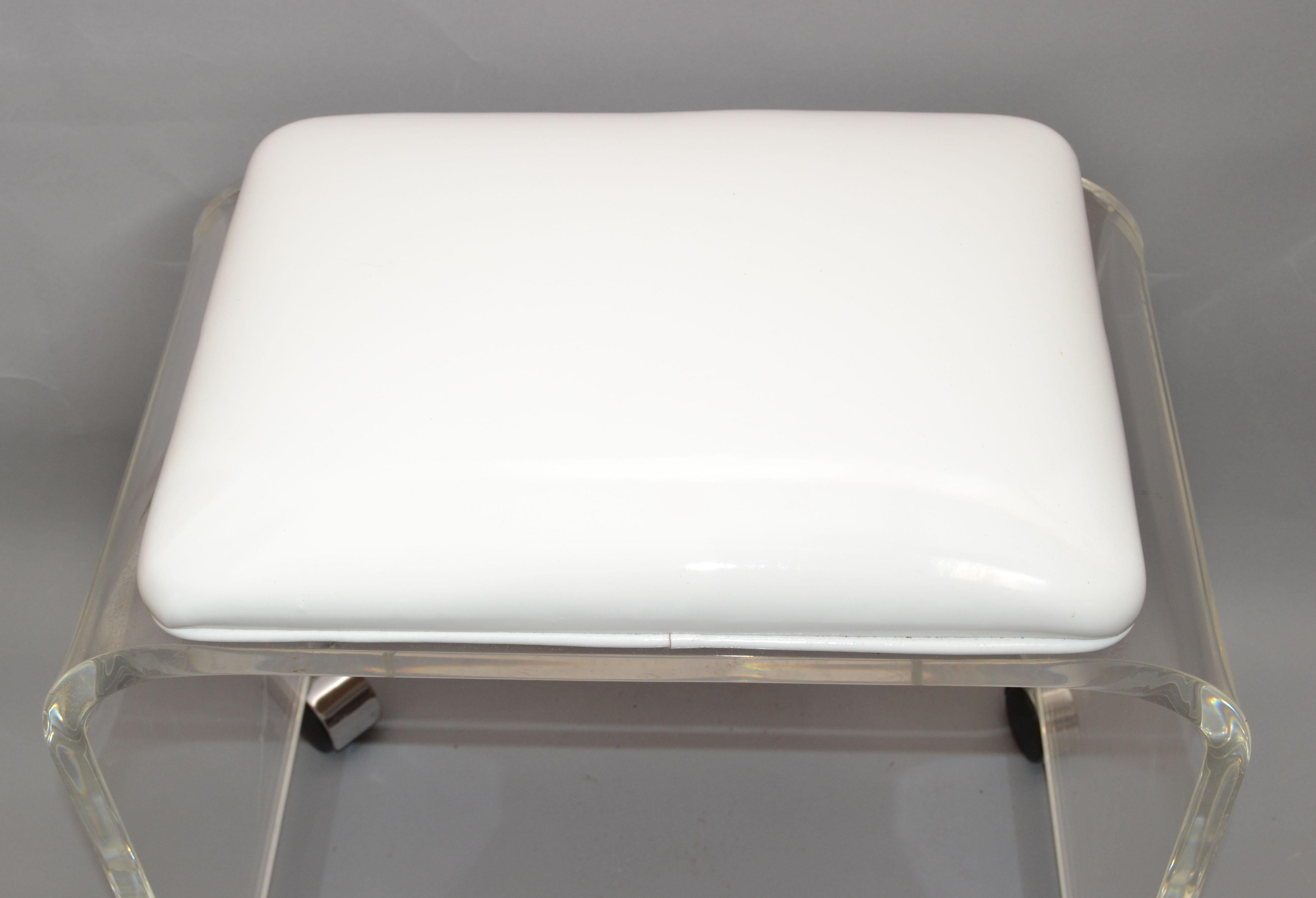 Mid-Century Modern Lucite Stool, Vanity Stool White Vinyl Seat on Chrome Casters 2