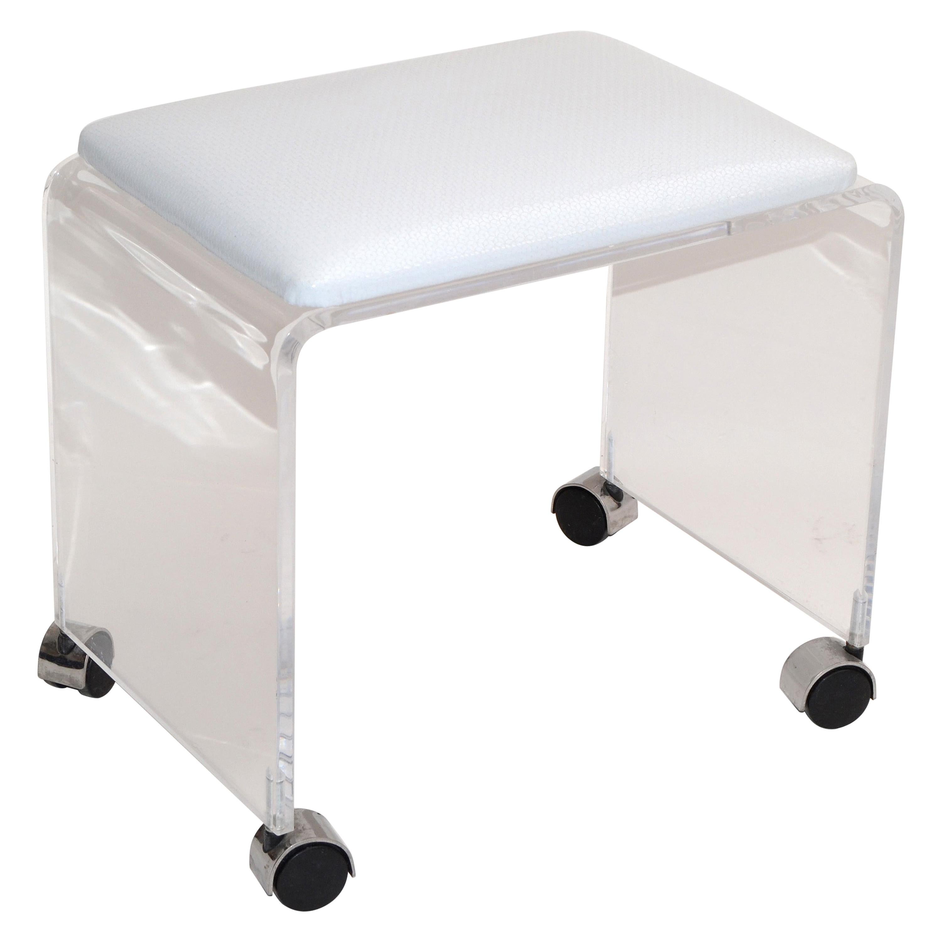 Mid-Century Modern Lucite Stool, Vanity Stool White Vinyl Seat on Chrome Casters