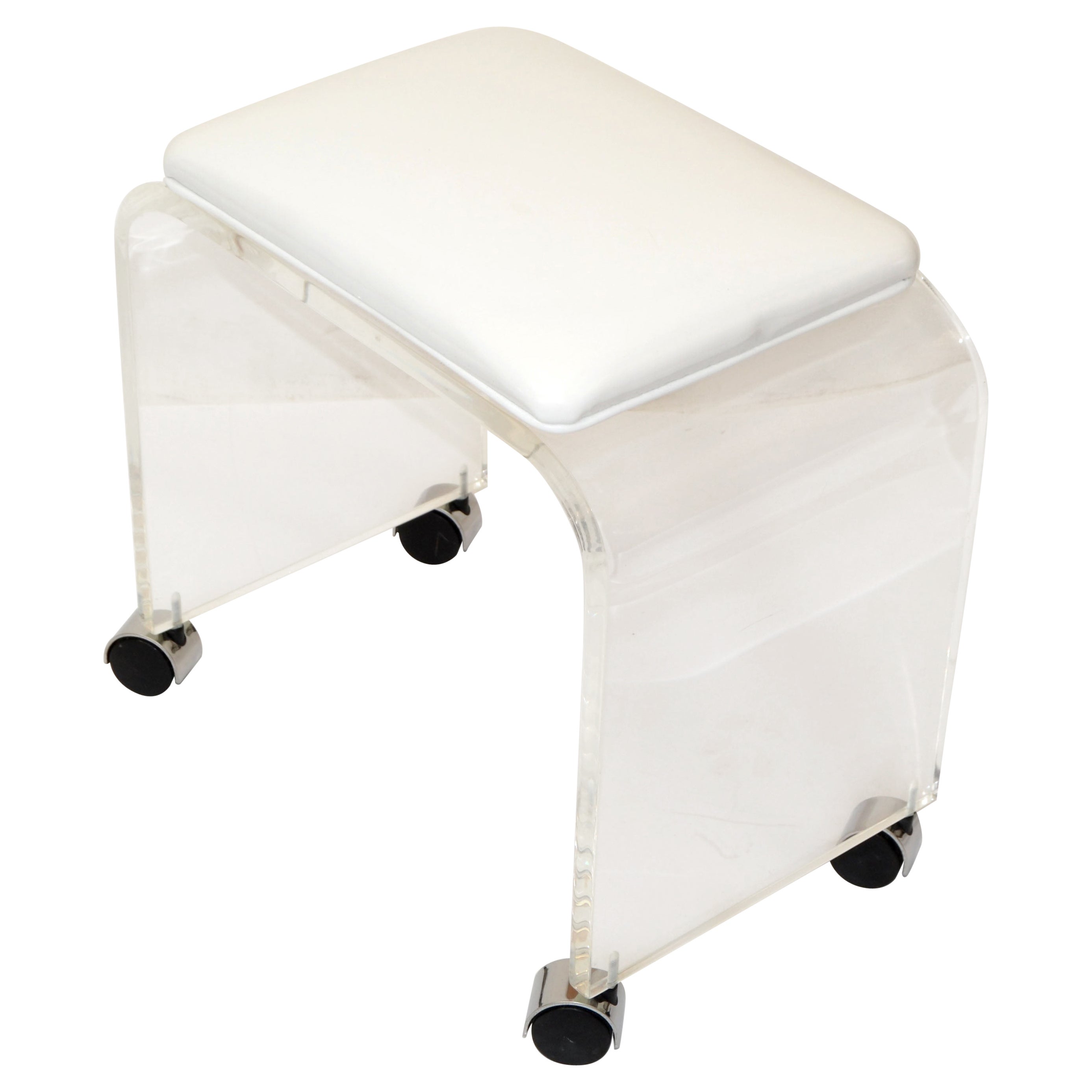 Mid-Century Modern Lucite Stool, Vanity Stool White Vinyl Seat on Chrome Casters