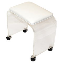 Mid-Century Modern Lucite Stool, Vanity Stool White Vinyl Seat on Chrome Casters