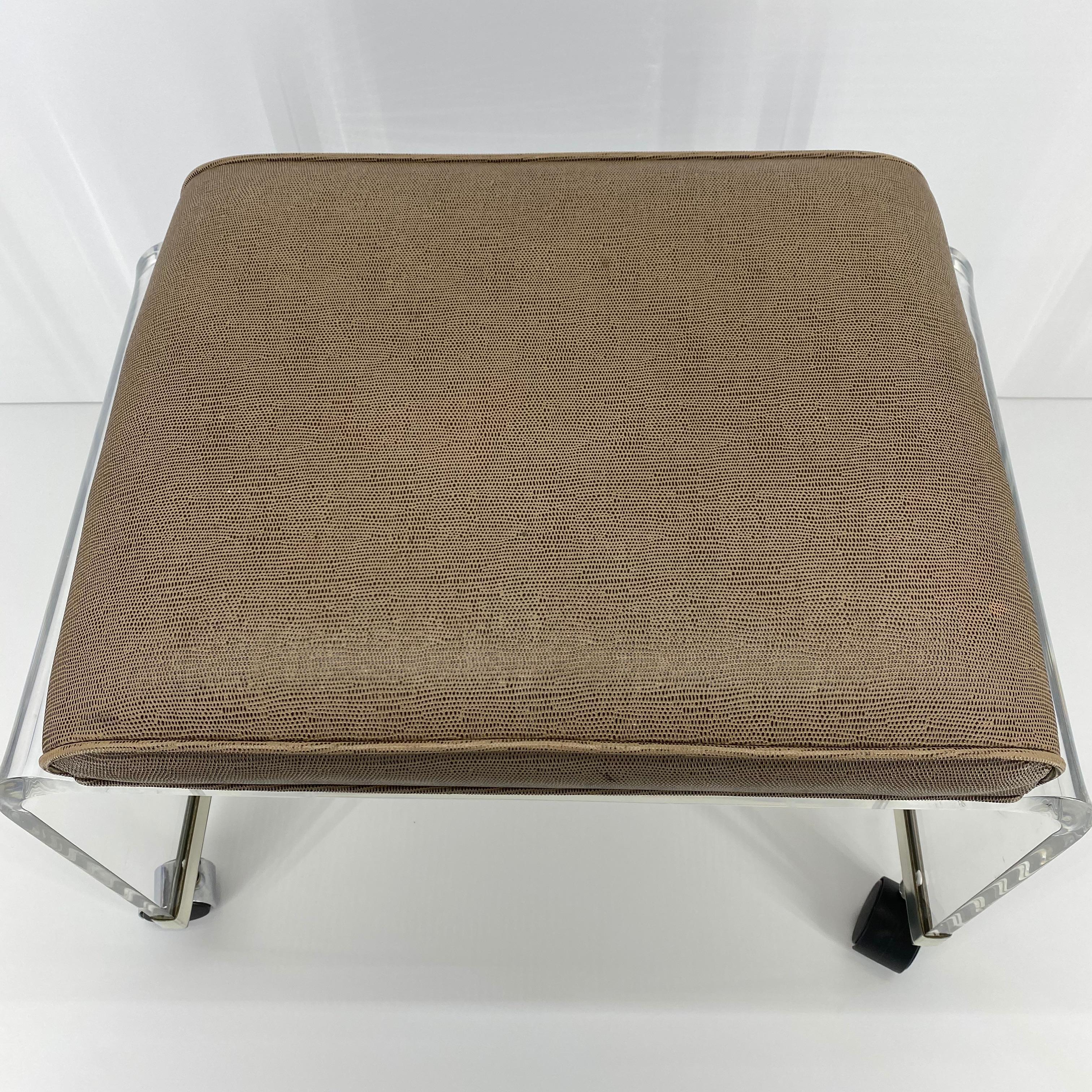 Mid-Century Modern Lucite Waterfall Bench Stool With Faux Snake Skin Upholstery For Sale 11