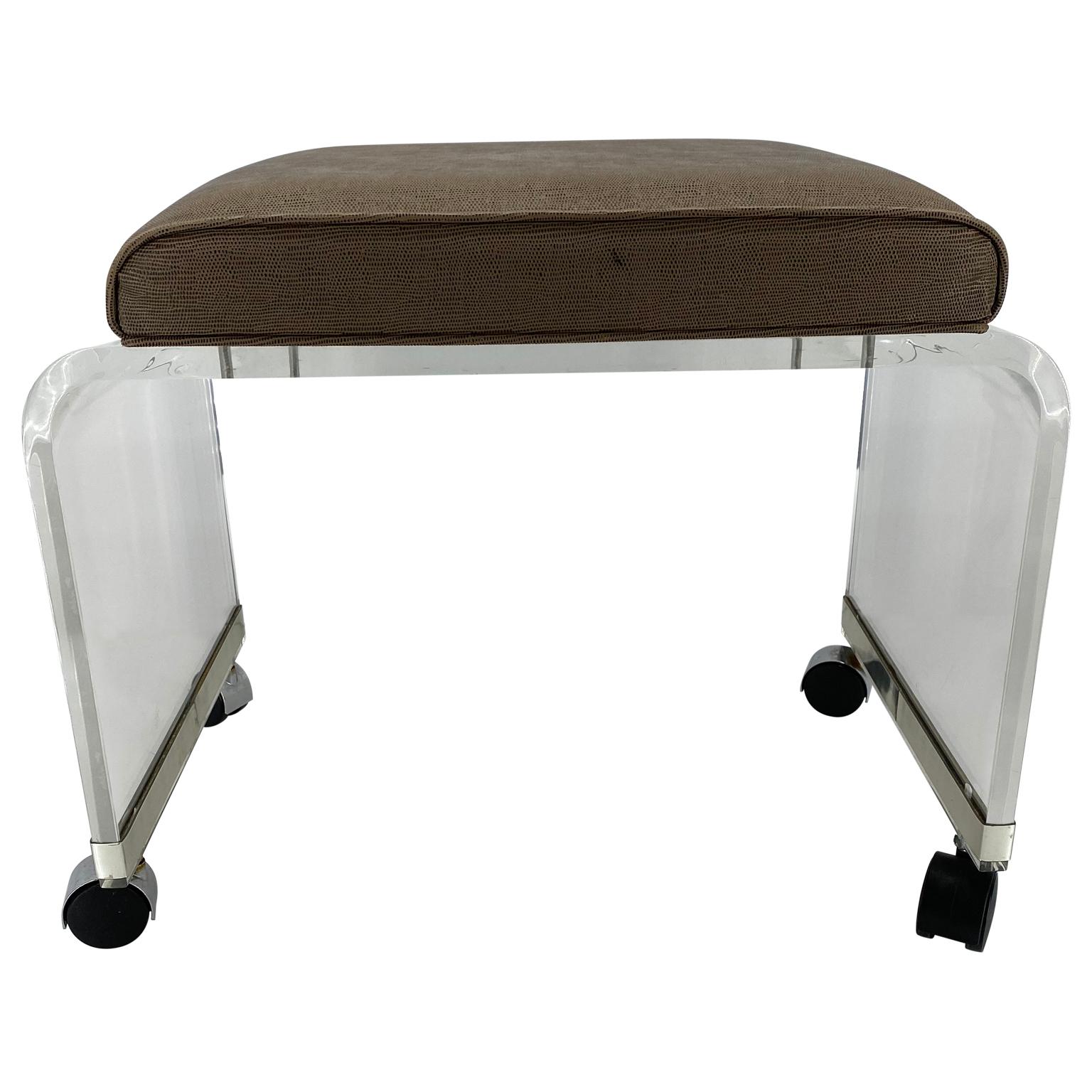 American Mid-Century Modern Lucite Waterfall Bench Stool With Faux Snake Skin Upholstery For Sale