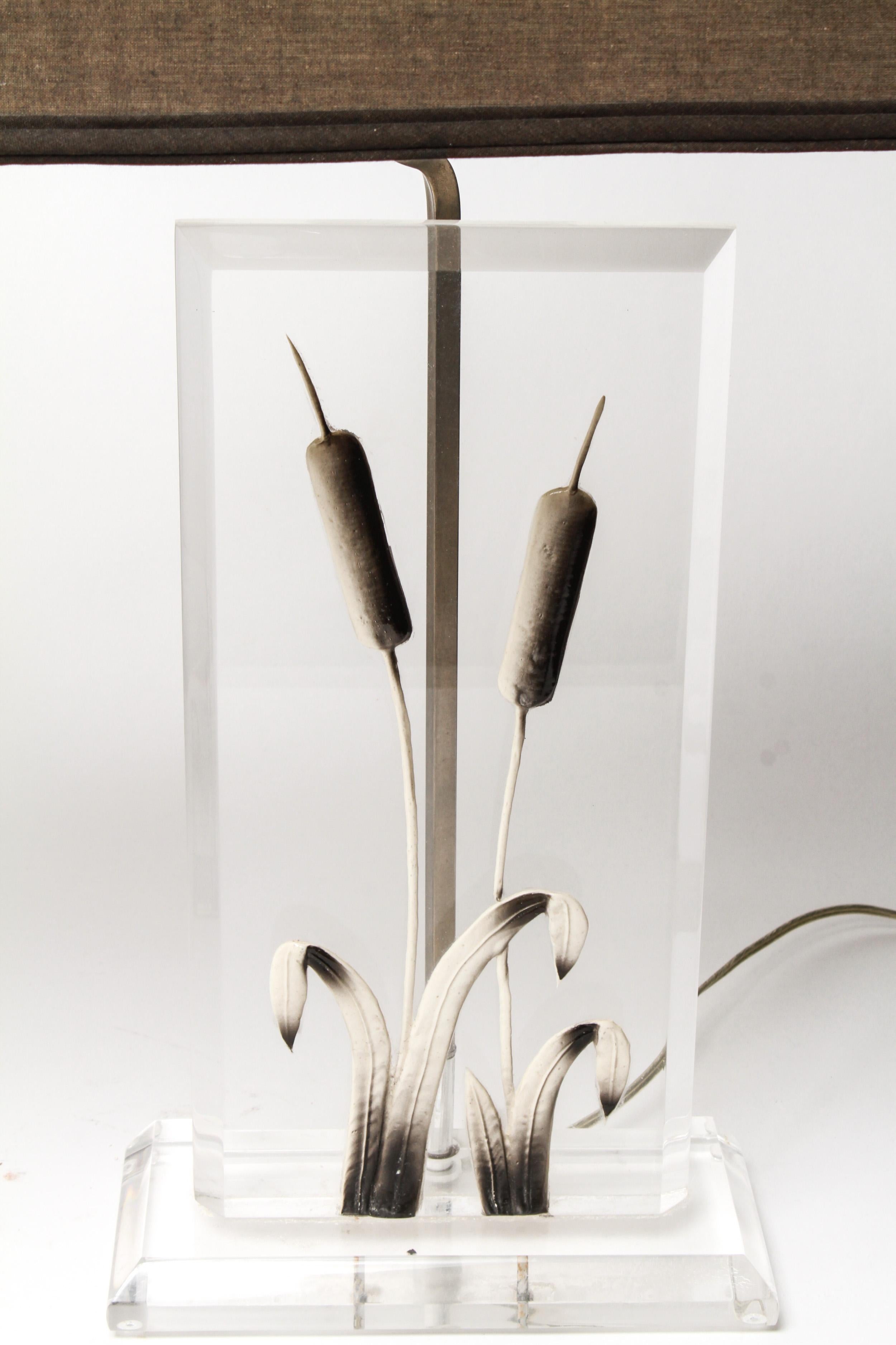 North American Mid-Century Modern Lucite Table Lamps with Applied Cattails