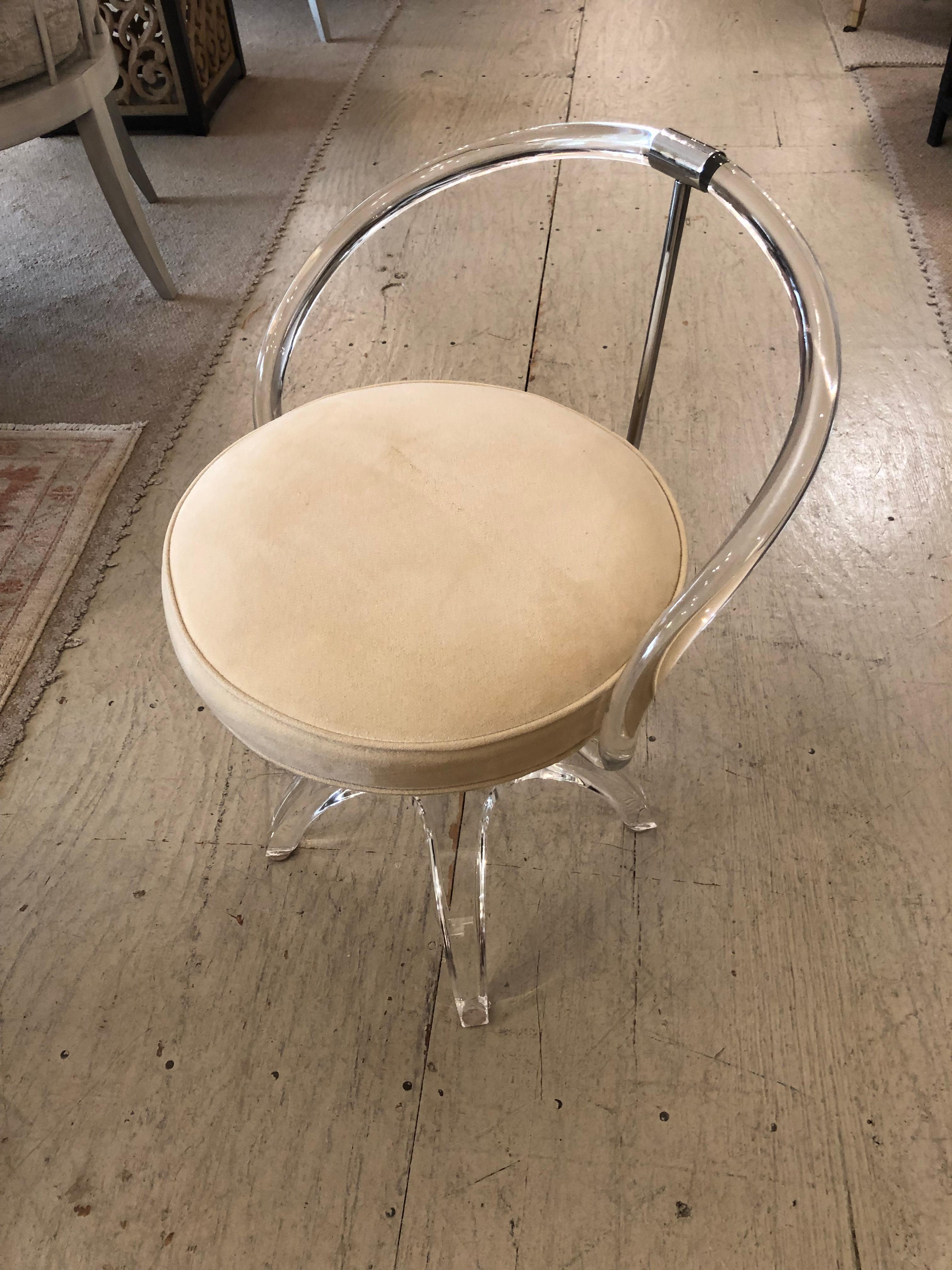 Mid-Century Modern Lucite & Ultrasuede Swivel Vanity Stool Chair 2