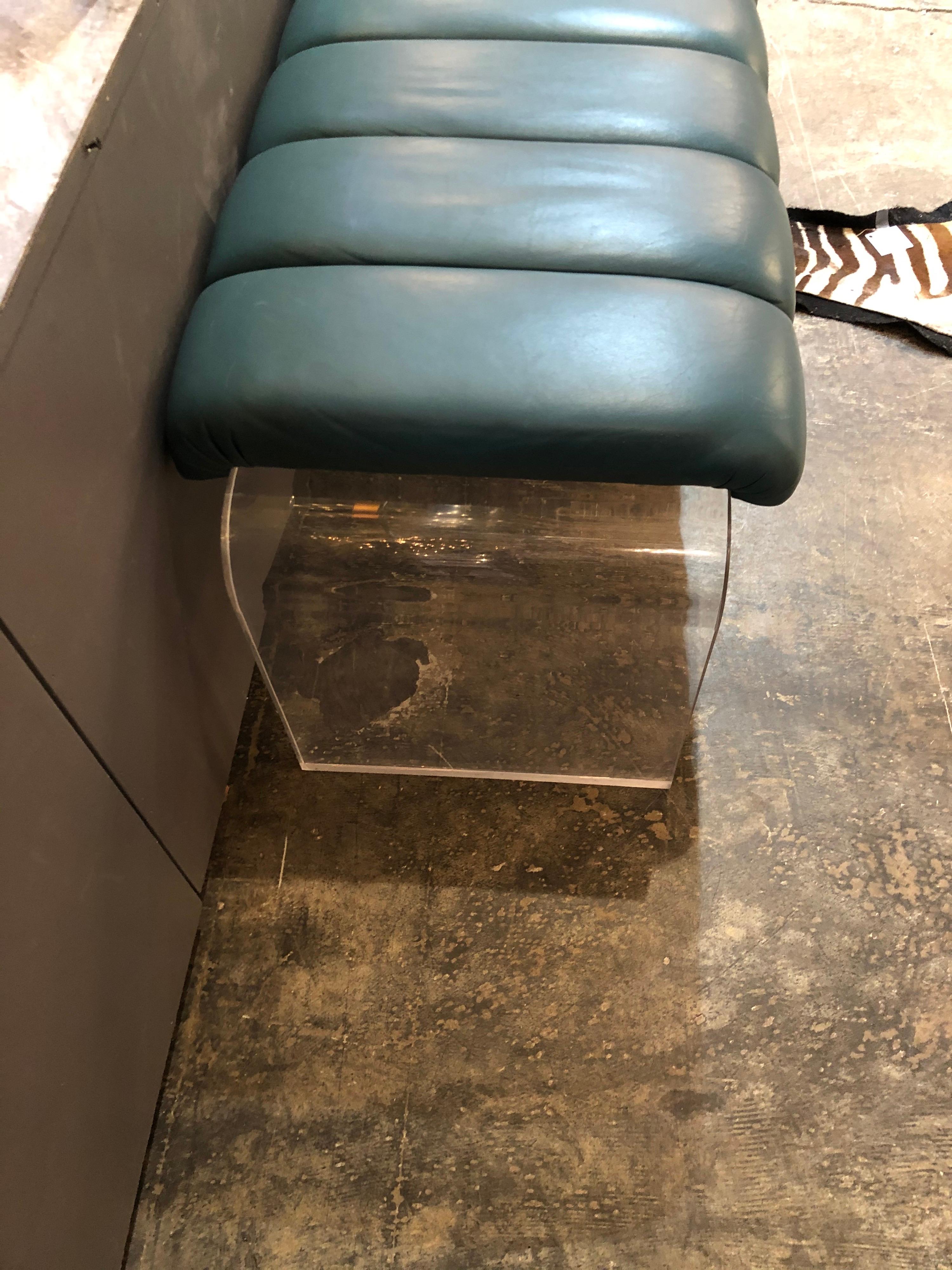 American Mid-Century Modern Lucite Waterfall Bench with Leather Seat 