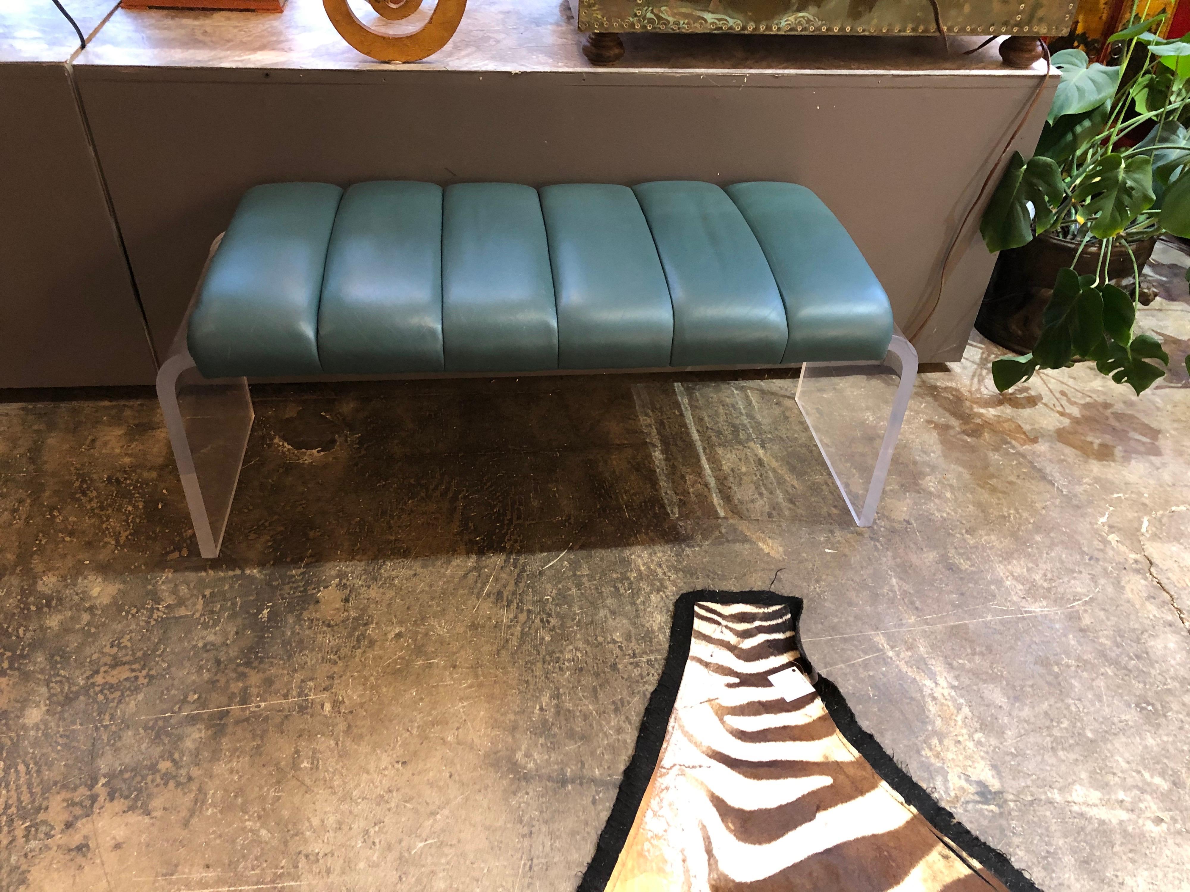 Mid-Century Modern Lucite Waterfall Bench with Leather Seat  In Excellent Condition In Chicago, IL